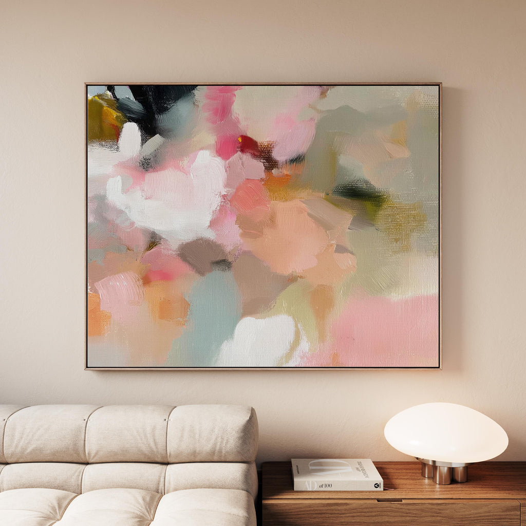 Blush Meadow No. 1047 by Muse Studio large horizontal abstract wall art on premium gallery-wrapped artist canvas with museum-grade giclée inks, framed in natural wood for Organic Transitional living rooms and serene designer interiors.