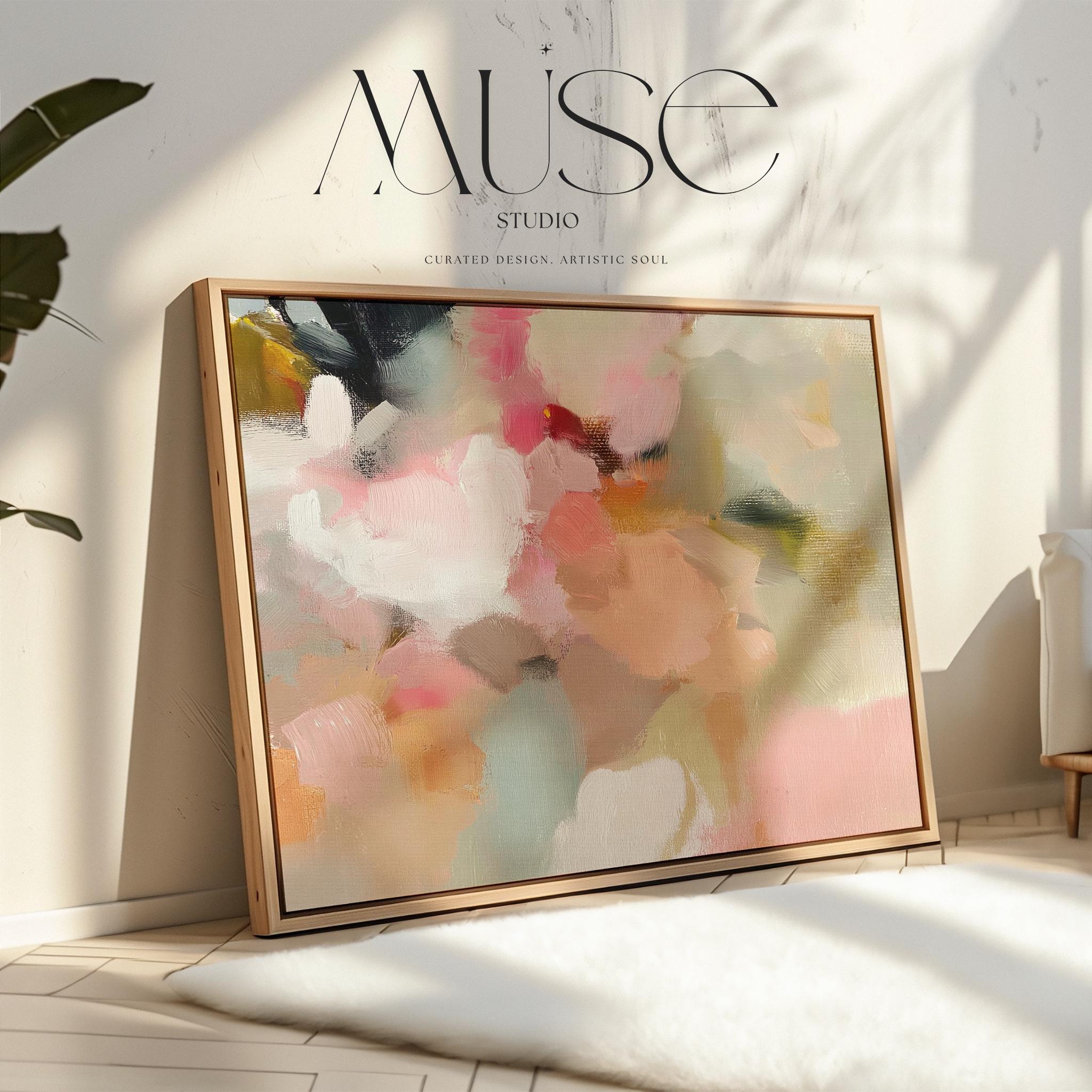 Blush Meadow No. 1047 by Muse Studio large horizontal abstract wall art on premium gallery-wrapped artist canvas with museum-grade giclée inks, framed in natural wood for Organic Transitional living rooms and serene designer interiors.