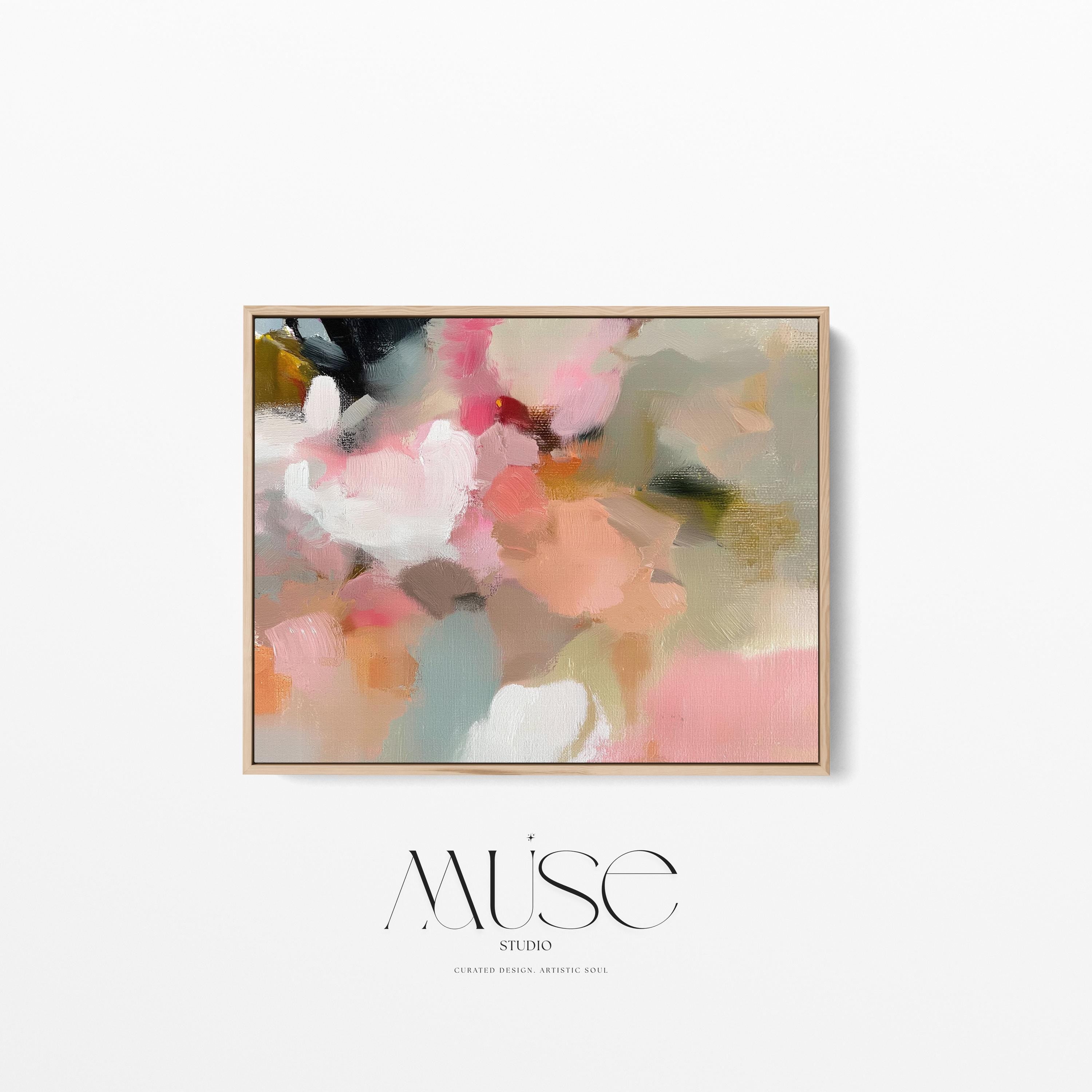 Blush Meadow No. 1047 by Muse Studio large horizontal abstract wall art on premium gallery-wrapped artist canvas with museum-grade giclée inks, framed in natural wood for Organic Transitional living rooms and serene designer interiors.