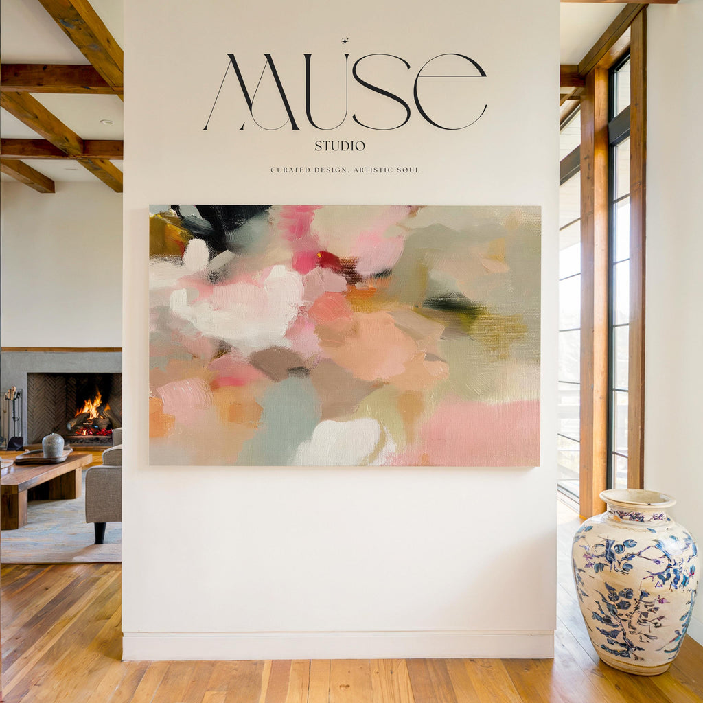 Rosewind Meadow No. 1047 by Muse Studio & Co. large horizontal abstract wall art on premium gallery-wrapped artist canvas with museum-grade giclée inks for Organic Transitional living rooms and serene designer interiors.