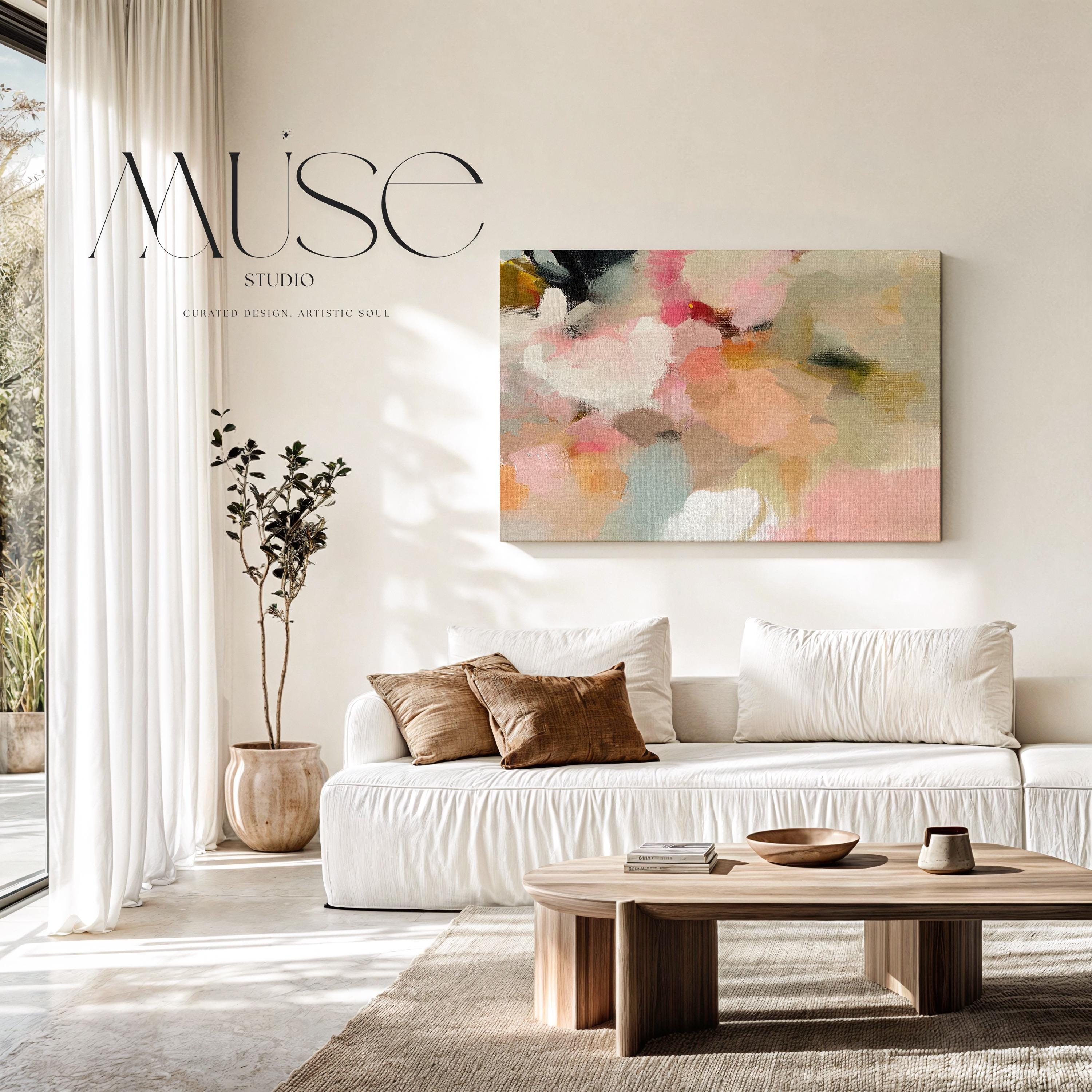 Rosewind Meadow No. 1047 by Muse Studio & Co. large horizontal abstract wall art on premium gallery-wrapped artist canvas with museum-grade giclée inks for Organic Transitional living rooms and serene designer interiors.