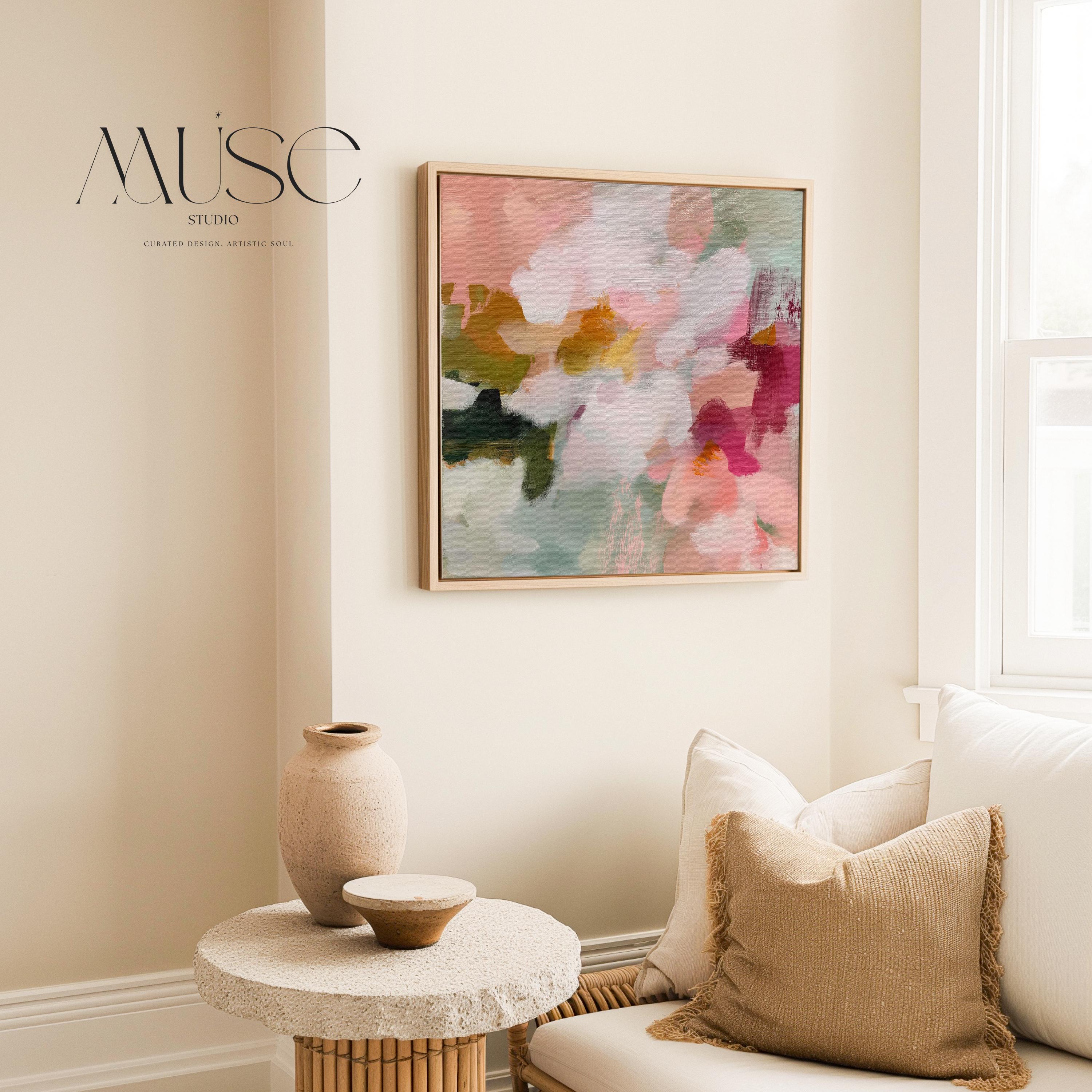 Petal Daydream No. 1048 by Muse Studio & Co. large square floral abstract wall art in coral blush, petal pink, soft sage and warm ivory on premium gallery-wrapped artist canvas with museum-grade giclée inks, framed in natural wood for Romantic Botanical and Organic Transitional interiors.