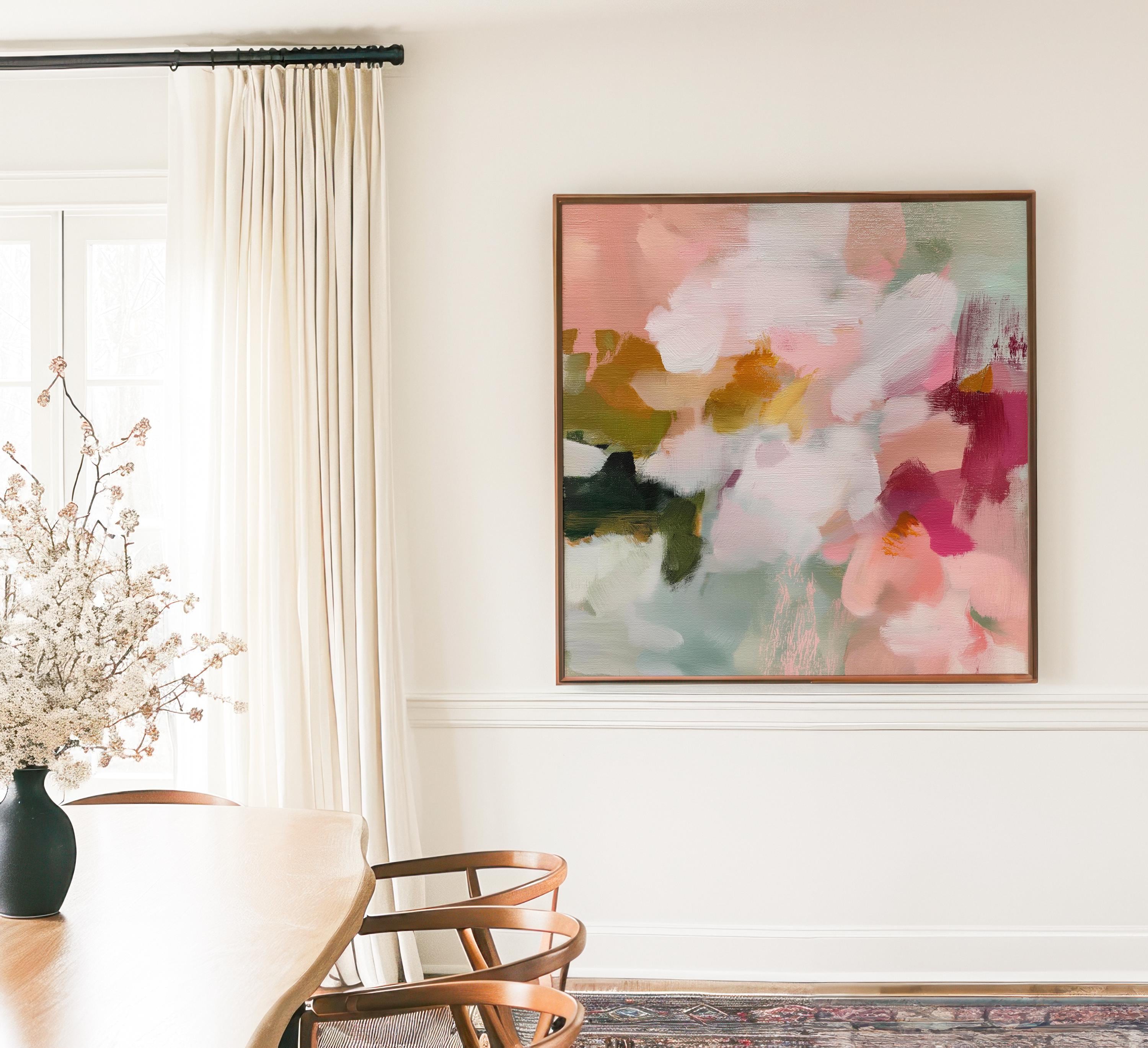 Petal Daydream No. 1048 by Muse Studio & Co. large square floral abstract wall art in coral blush, petal pink, soft sage and warm ivory on premium gallery-wrapped artist canvas with museum-grade giclée inks, framed in natural wood for Romantic Botanical and Organic Transitional interiors.