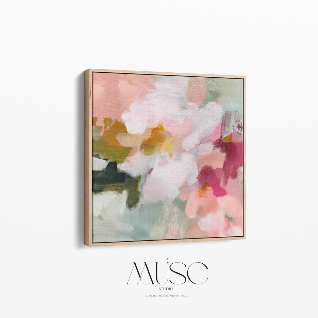 Petal Daydream No. 1048 by Muse Studio & Co. large square floral abstract wall art in coral blush, petal pink, soft sage and warm ivory on premium gallery-wrapped artist canvas with museum-grade giclée inks, framed in natural wood for Romantic Botanical and Organic Transitional interiors.
