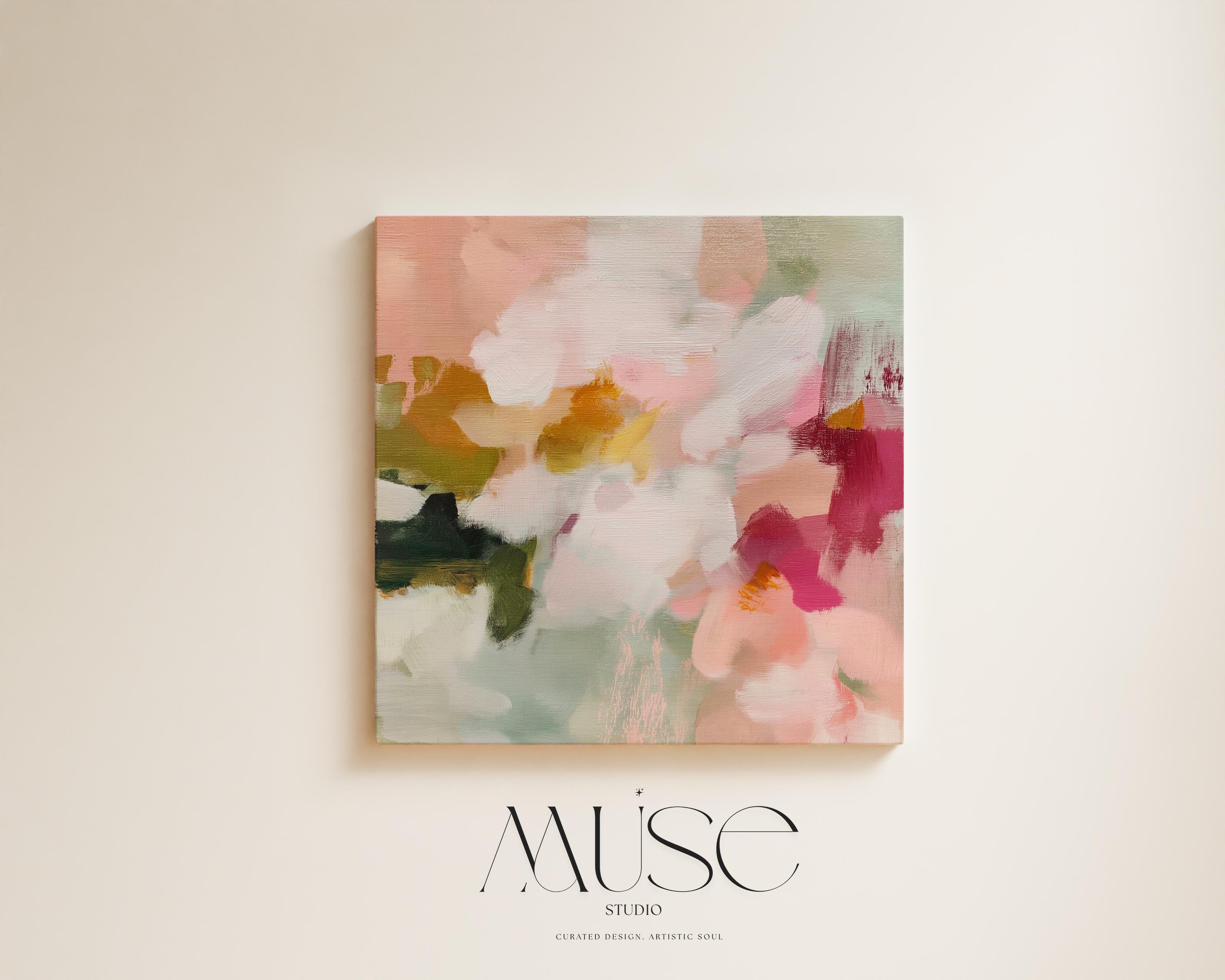 Petal Daydream No. 1048 by Muse Studio & Co. large square floral abstract wall art in coral blush, petal pink, soft sage and warm ivory on premium gallery-wrapped artist canvas with museum-grade giclée inks for Romantic Botanical and Organic Transitional interiors.