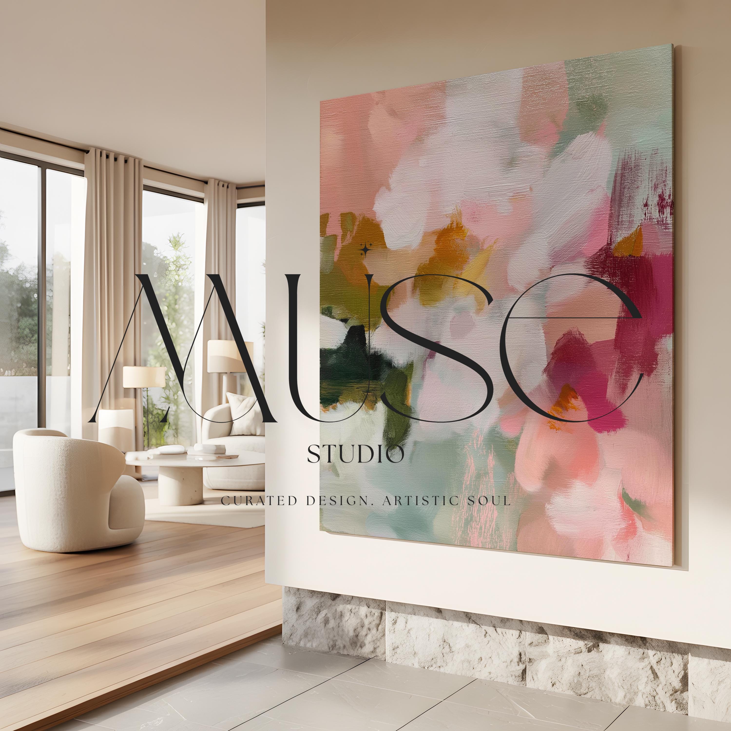 Petal Daydream No. 1048 by Muse Studio & Co. large square floral abstract wall art in coral blush, petal pink, soft sage and warm ivory on premium gallery-wrapped artist canvas with museum-grade giclée inks for Romantic Botanical and Organic Transitional interiors.