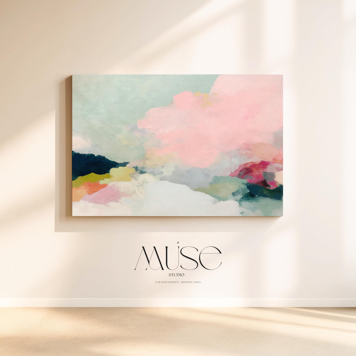Spring Dawn No. 1059 by Muse Studio & Co. pink clouds abstract canvas wall art featuring blush pink, mint green, navy, coral, and soft butter yellow pastel colors printed with museum-grade giclée inks on premium gallery-wrapped artist canvas, styled above a neutral sofa in a calm designer living room interior.