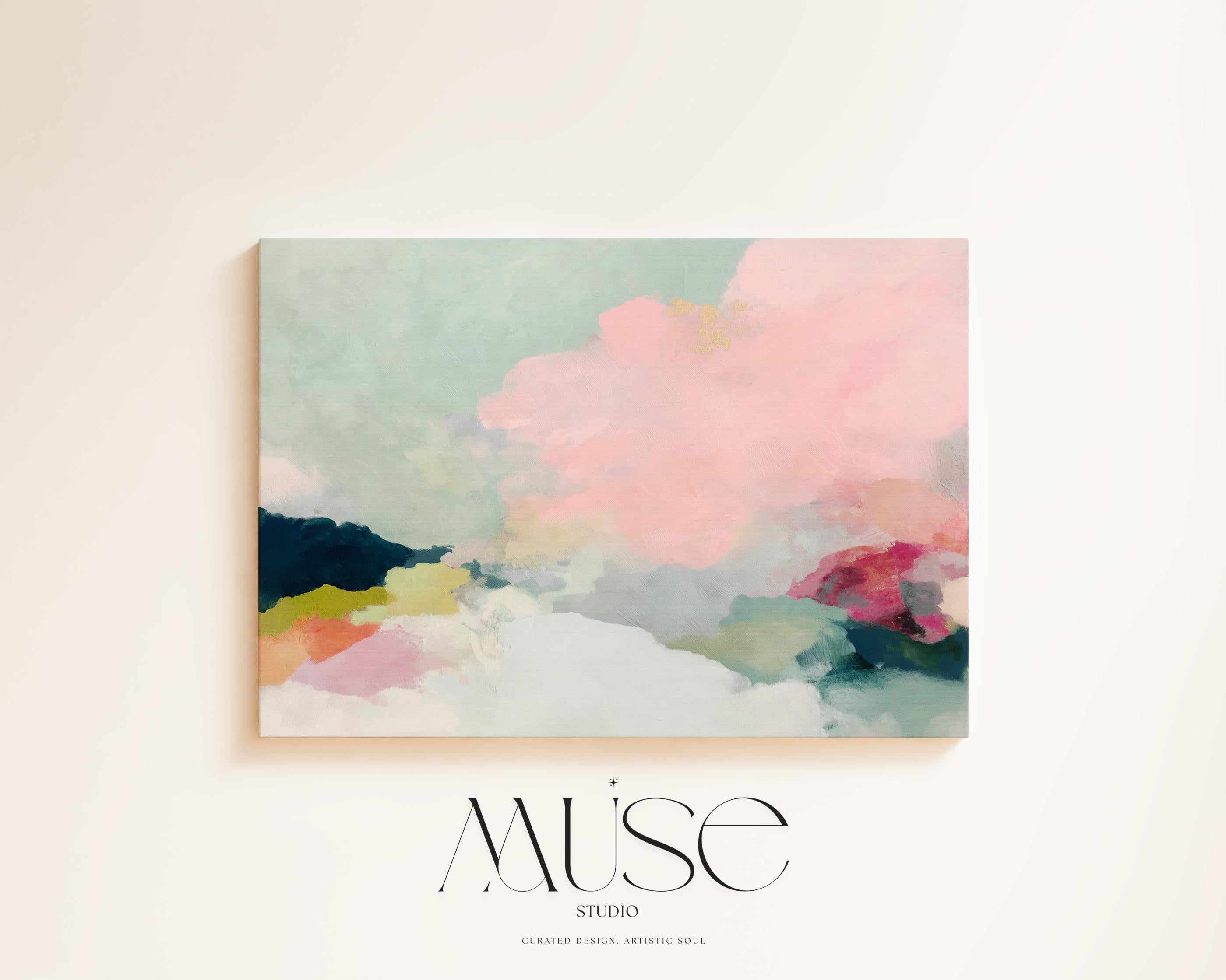 Spring Dawn No. 1059 by Muse Studio & Co. pink clouds abstract canvas wall art featuring blush pink, mint green, navy, coral, and soft butter yellow pastel colors printed with museum-grade giclée inks on premium gallery-wrapped artist canvas, styled above a neutral sofa in a calm designer living room interior.