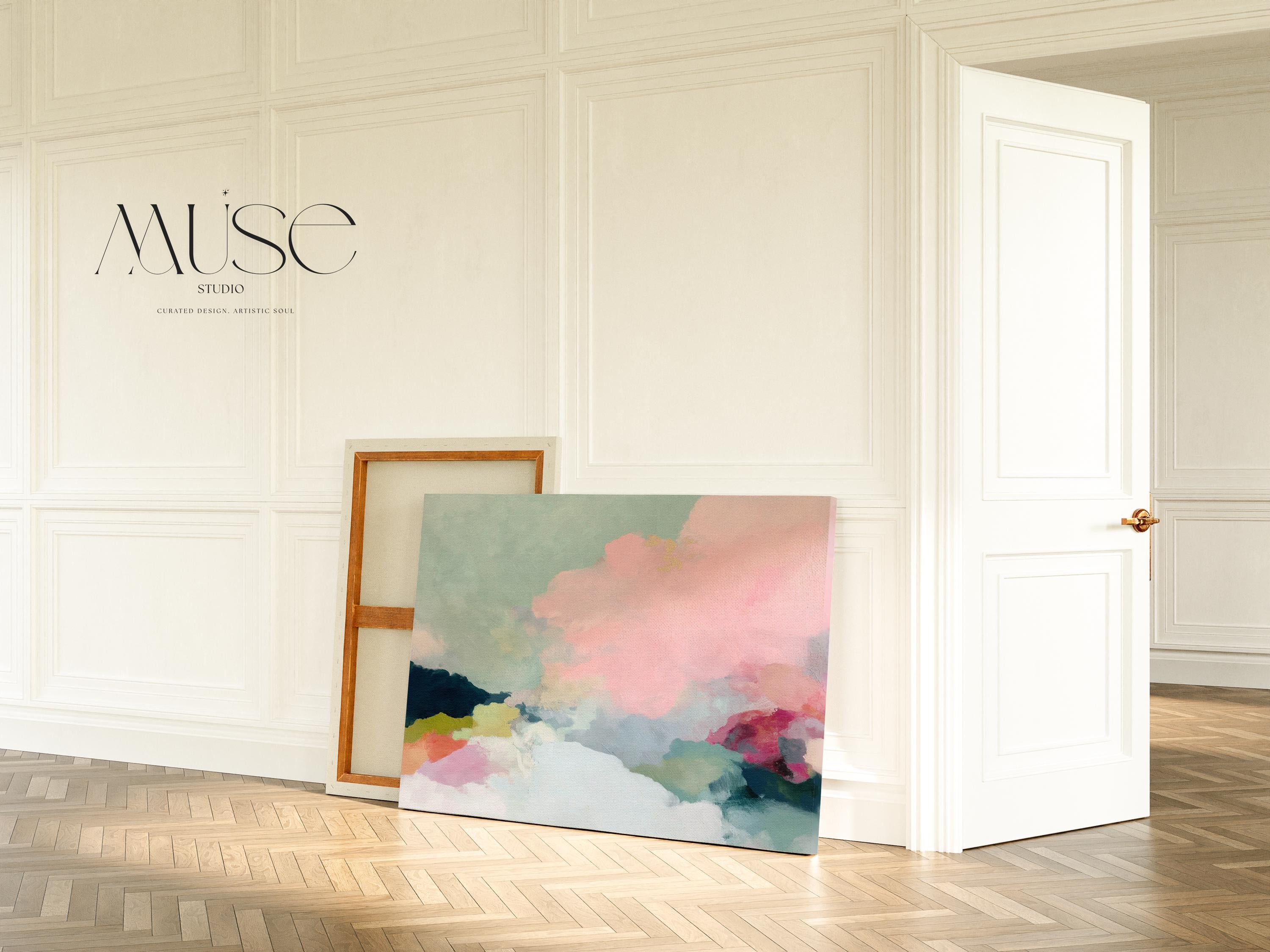 Spring Dawn No. 1059 by Muse Studio & Co. pink clouds abstract canvas wall art featuring blush pink, mint green, navy, coral, and soft butter yellow pastel colors printed with museum-grade giclée inks on premium gallery-wrapped artist canvas, styled above a neutral sofa in a calm designer living room interior.