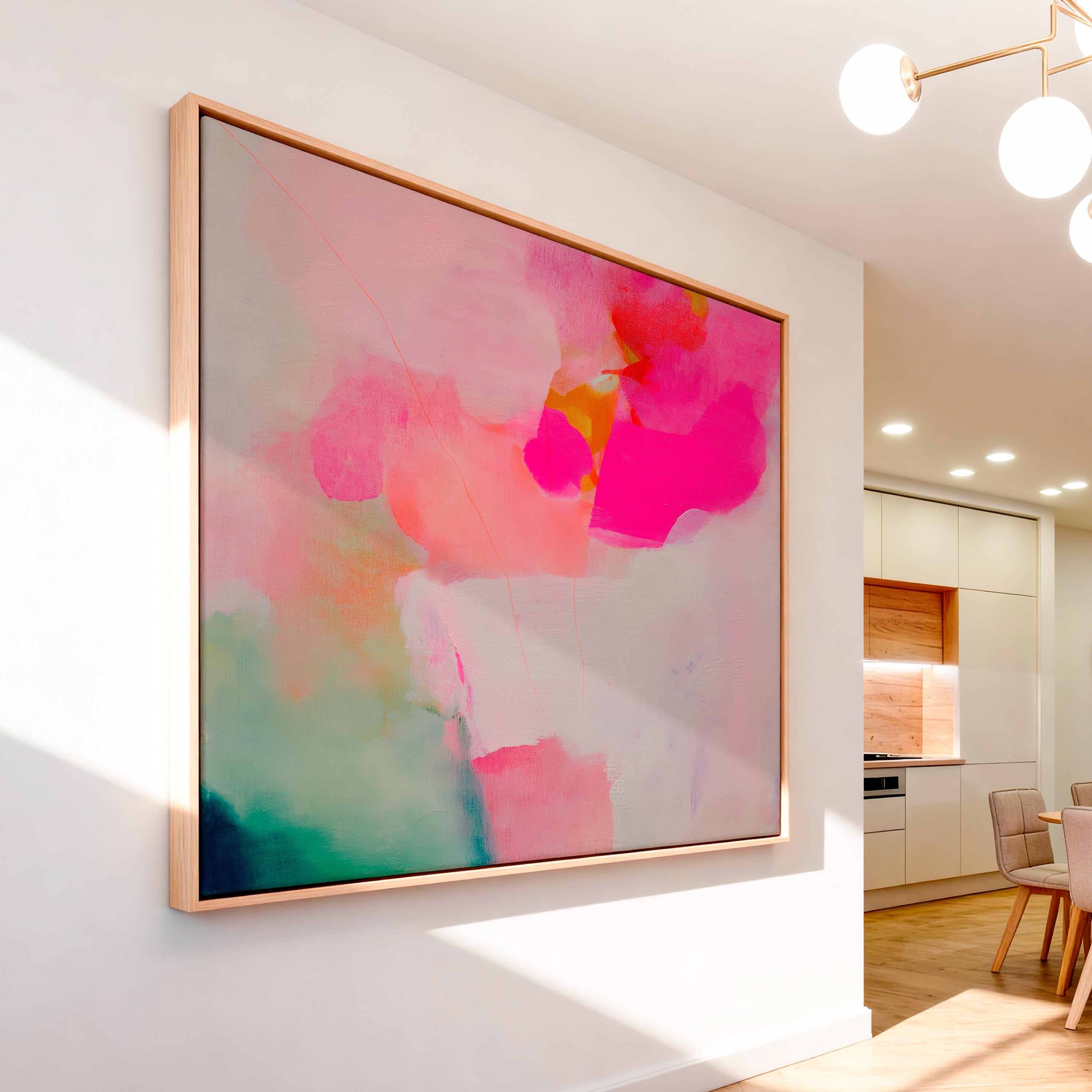 Bloom Aura No. 434 by Muse Studio & Co. pink coral, blush, mint green, and soft peach abstract wall art printed with museum-grade giclée inks on premium gallery-wrapped artist canvas and custom framed in premium wood float frame options including natural, white, black, antique gold, and antique silver, styled as oversized statement art in a modern designer living room.