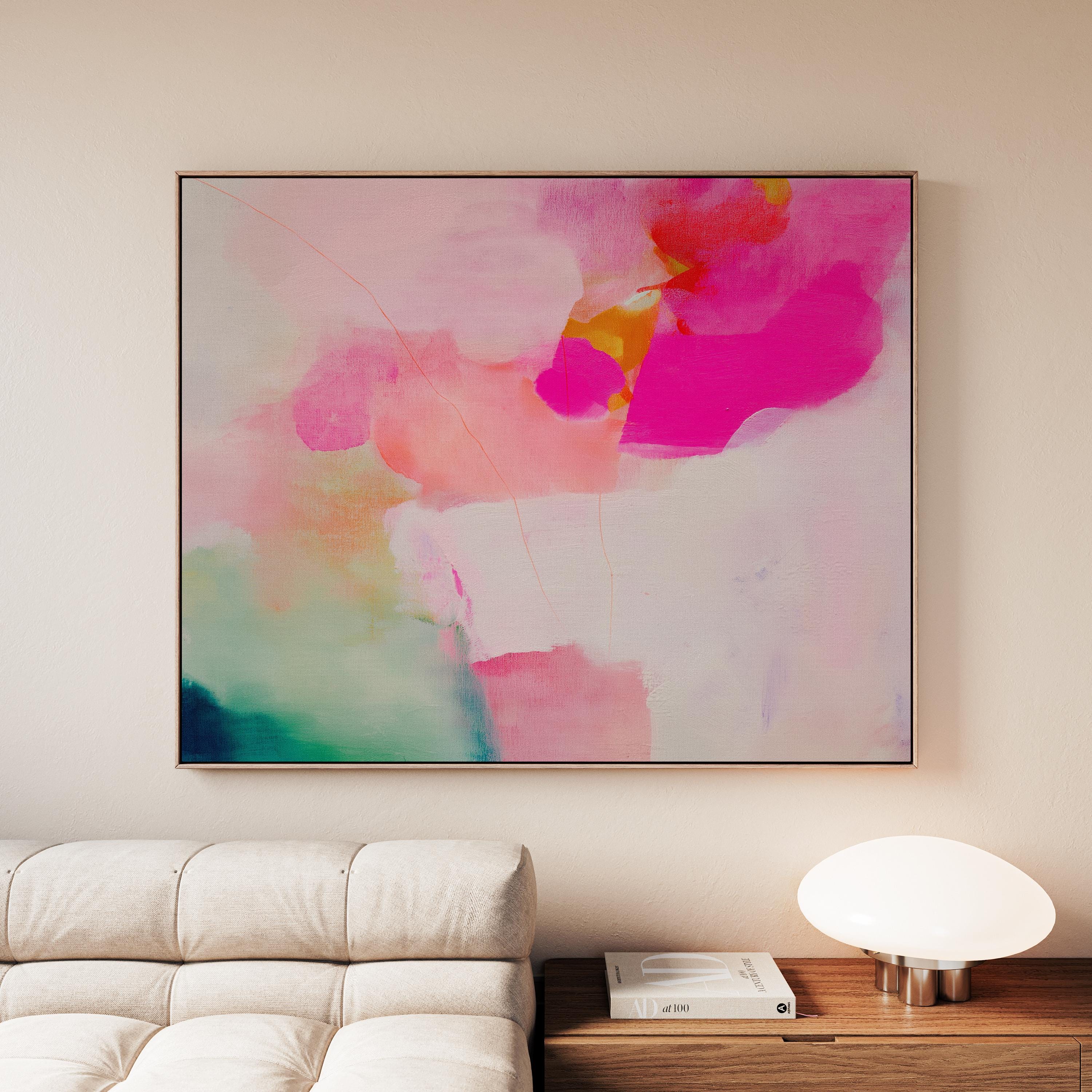 Bloom Aura No. 434 by Muse Studio & Co. pink coral, blush, mint green, and soft peach abstract wall art printed with museum-grade giclée inks on premium gallery-wrapped artist canvas and custom framed in premium wood float frame options including natural, white, black, antique gold, and antique silver, styled as oversized statement art in a modern designer living room.
