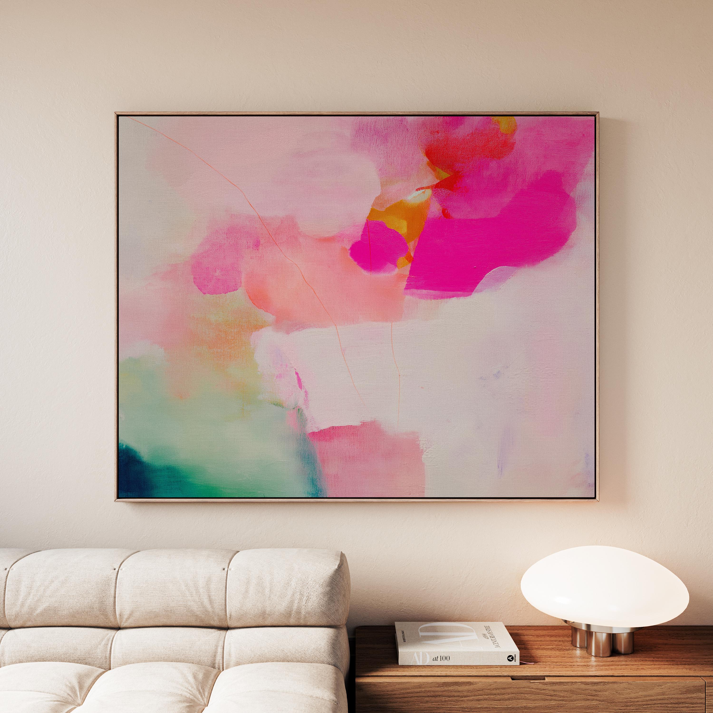 Bloom Aura No. 434 by Muse Studio & Co. pink coral, blush, mint green, and soft peach abstract wall art printed with museum-grade giclée inks on premium gallery-wrapped artist canvas and custom framed in premium wood float frame options including natural, white, black, antique gold, and antique silver, styled as oversized statement art in a modern designer living room.