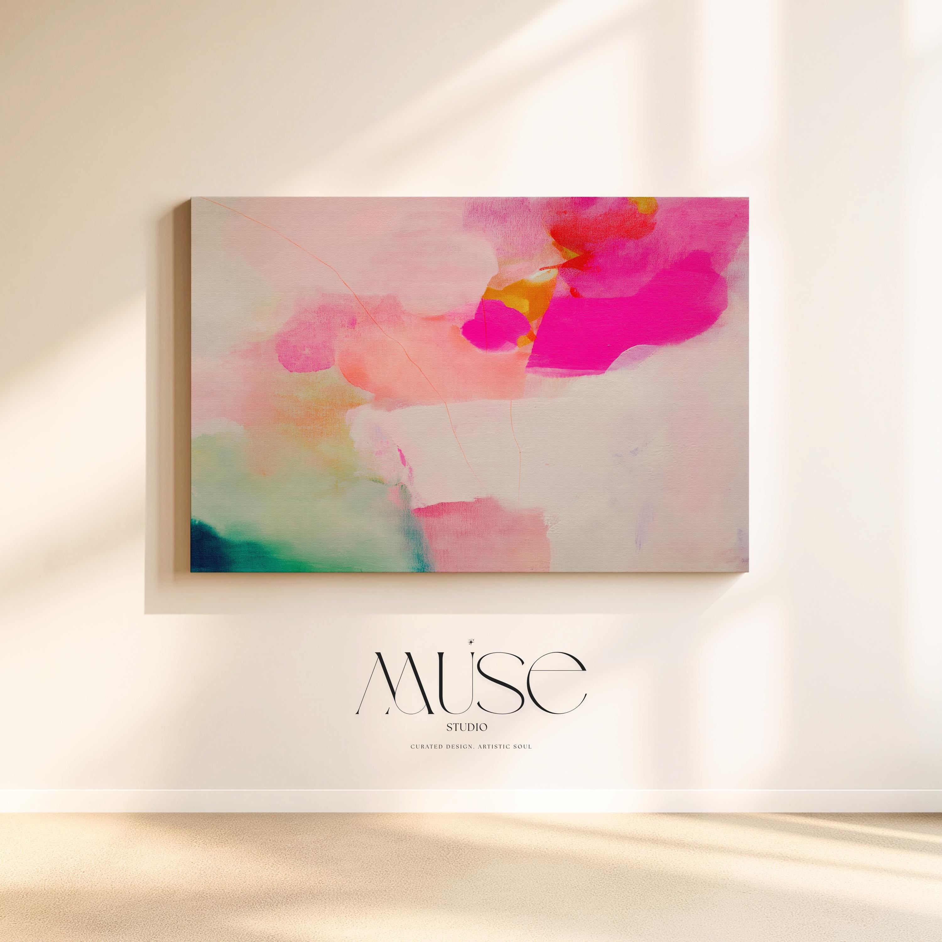 Bloom Aura No. 434 by Muse Studio & Co. pink coral abstract canvas wall art featuring blush pink, coral, mint green, and soft peach painterly color printed with museum-grade giclée inks on premium gallery-wrapped artist canvas, styled as soft botanical artwork in a romantic contemporary bedroom, office, or modern bathroom interior.