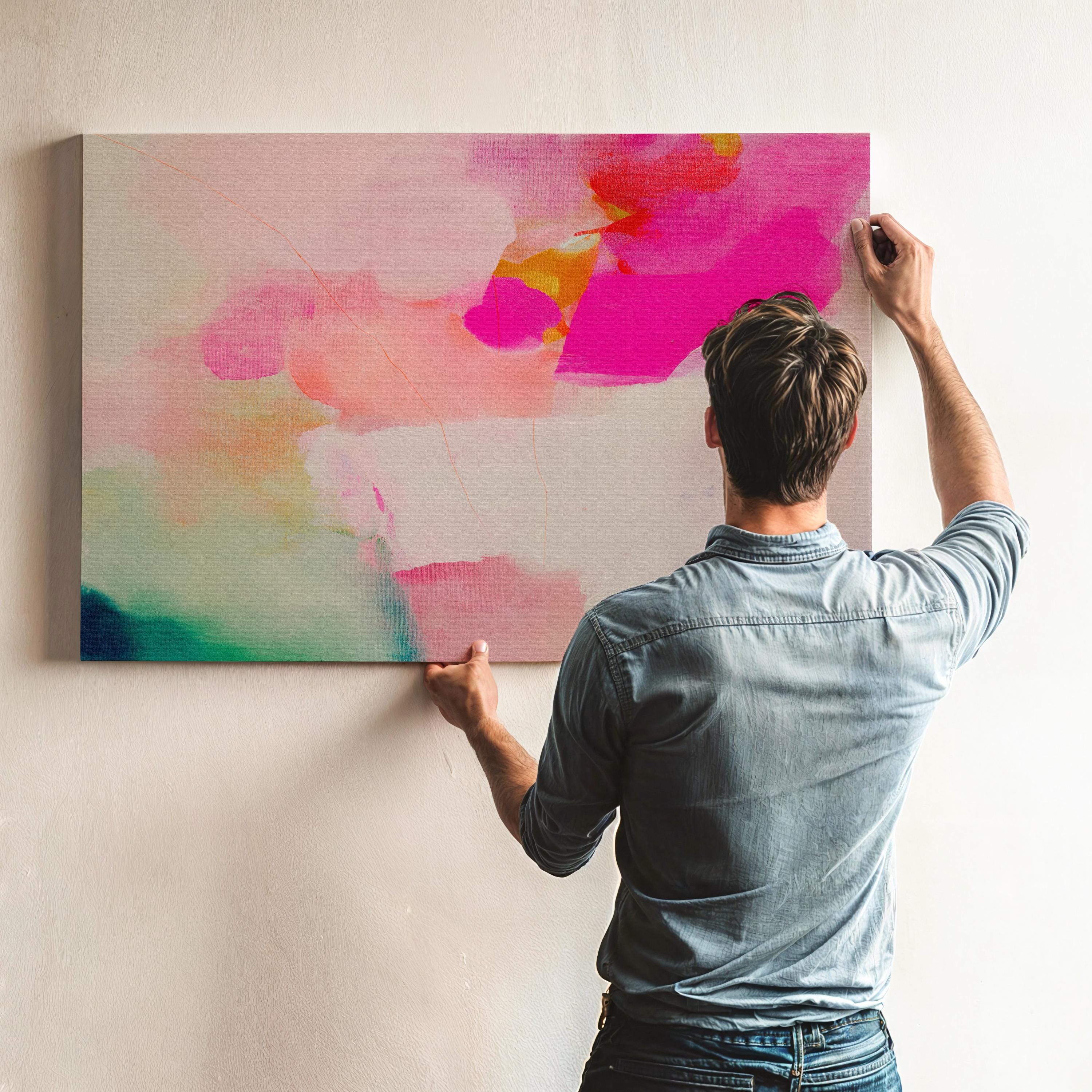 Bloom Aura No. 434 by Muse Studio & Co. pink coral abstract canvas wall art featuring blush pink, coral, mint green, and soft peach painterly color printed with museum-grade giclée inks on premium gallery-wrapped artist canvas, styled as soft botanical artwork in a romantic contemporary bedroom, office, or modern bathroom interior.