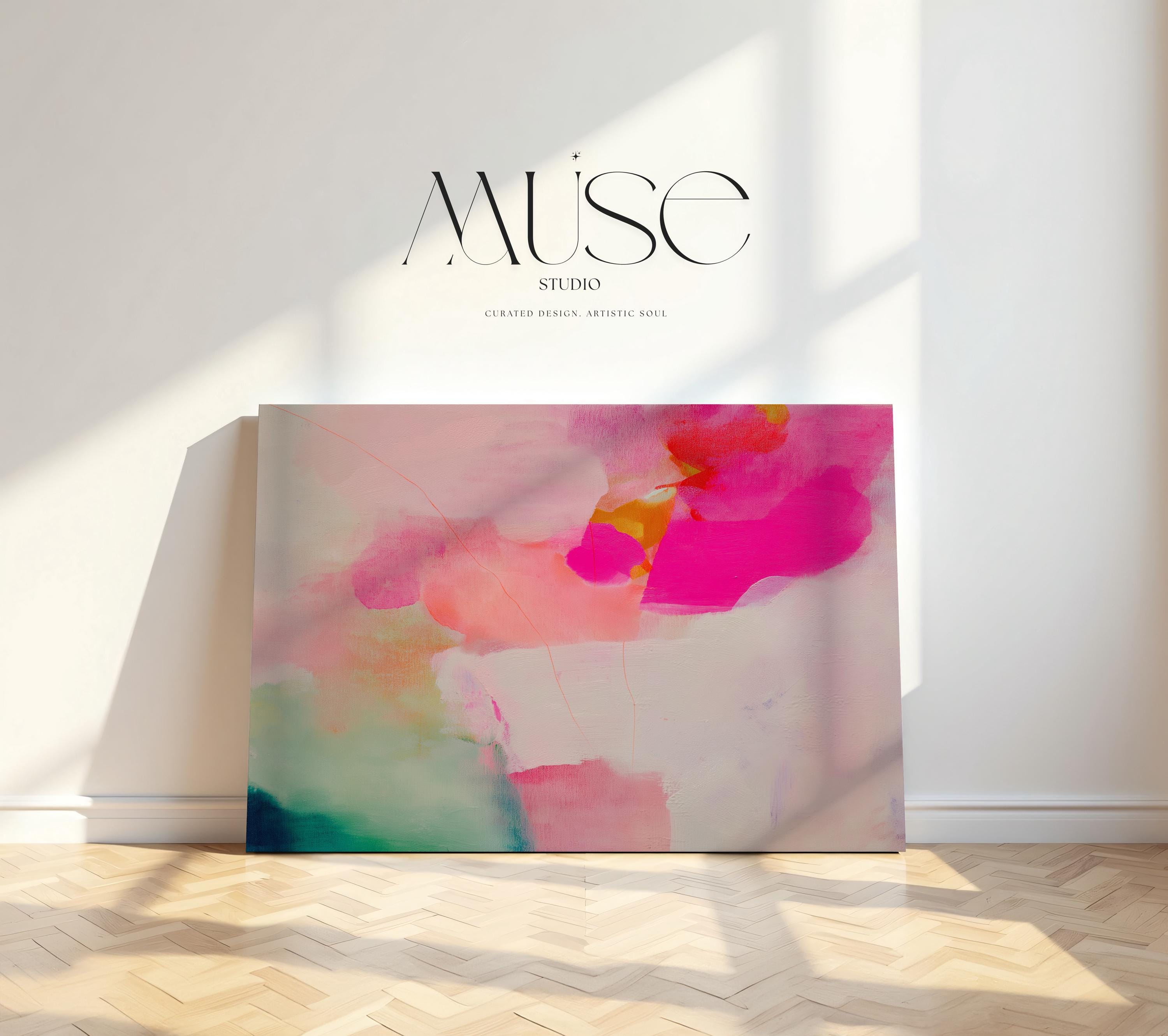 Bloom Aura No. 434 by Muse Studio & Co. pink coral abstract canvas wall art featuring blush pink, coral, mint green, and soft peach painterly color printed with museum-grade giclée inks on premium gallery-wrapped artist canvas, styled as soft botanical artwork in a romantic contemporary bedroom, office, or modern bathroom interior.