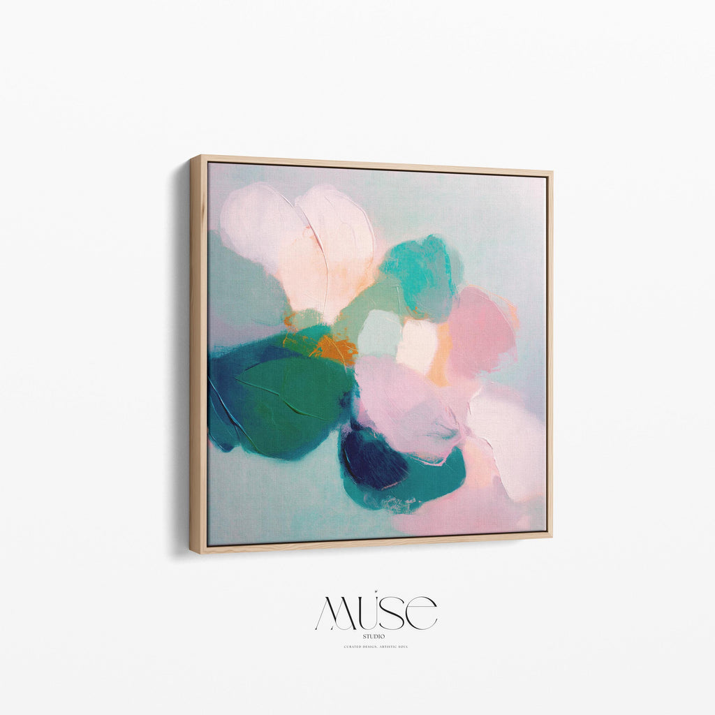 Large Square Abstract Floral Wall Art by Muse Studio, Aurora Muse 001, blush pink teal and emerald botanical abstract painting on premium gallery wrapped artist canvas with museum grade giclée inks, framed canvas wall art with natural white black antique gold or silver float frame options, romantic contemporary bedroom office or bath decor