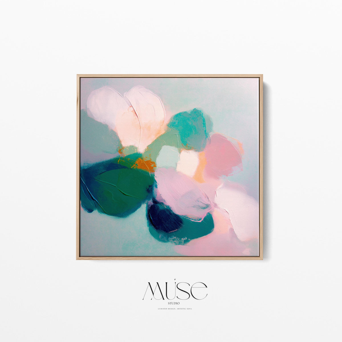 Large Square Abstract Floral Wall Art by Muse Studio, Aurora Muse 001, blush pink teal and emerald botanical abstract painting on premium gallery wrapped artist canvas with museum grade giclée inks, framed canvas wall art with natural white black antique gold or silver float frame options, romantic contemporary bedroom office or bath decor