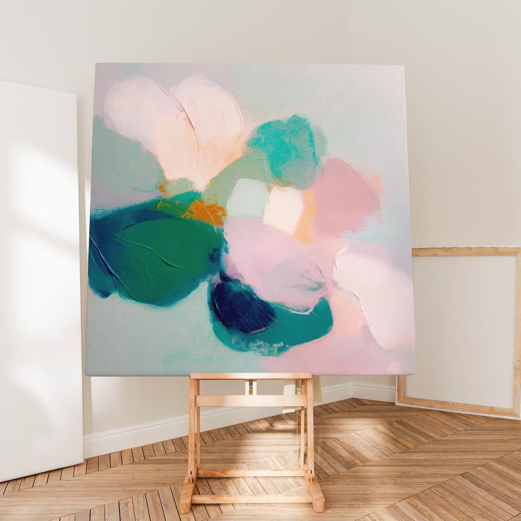 Aurora Muse No. 001 by Muse Studio & Co. large square teal coral peach abstract canvas wall art printed with museum-grade giclée inks on premium gallery-wrapped artist canvas and available framed in natural, white, black, antique gold or antique silver wood float frames, styled as colorful statement artwork in a bright coastal modern living room.