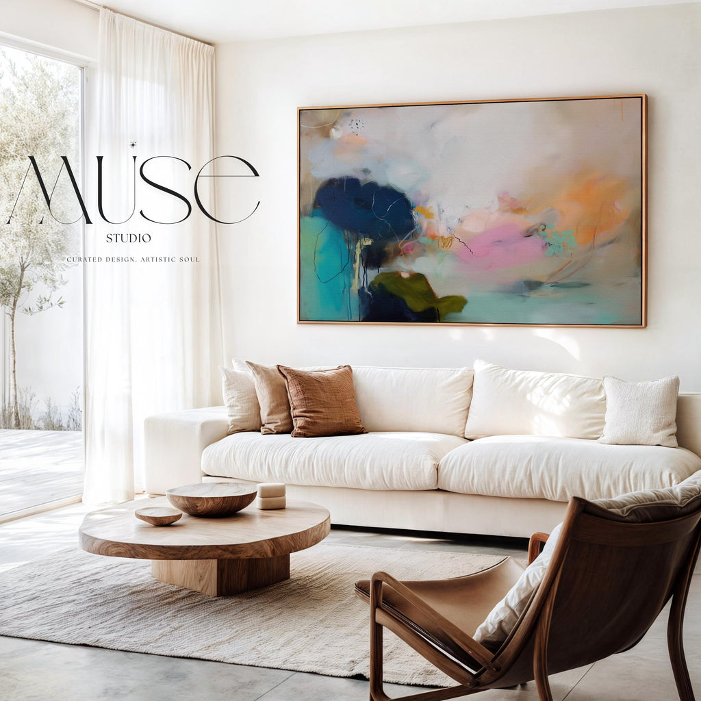 Muse Studio Blush Tide 448 large horizontal abstract wall art featuring blush pink, teal aqua, navy blue, and coral tones printed with museum-grade giclée inks on premium gallery-wrapped cotton canvas, available framed or unframed for living rooms, bedrooms, and coastal interiors.