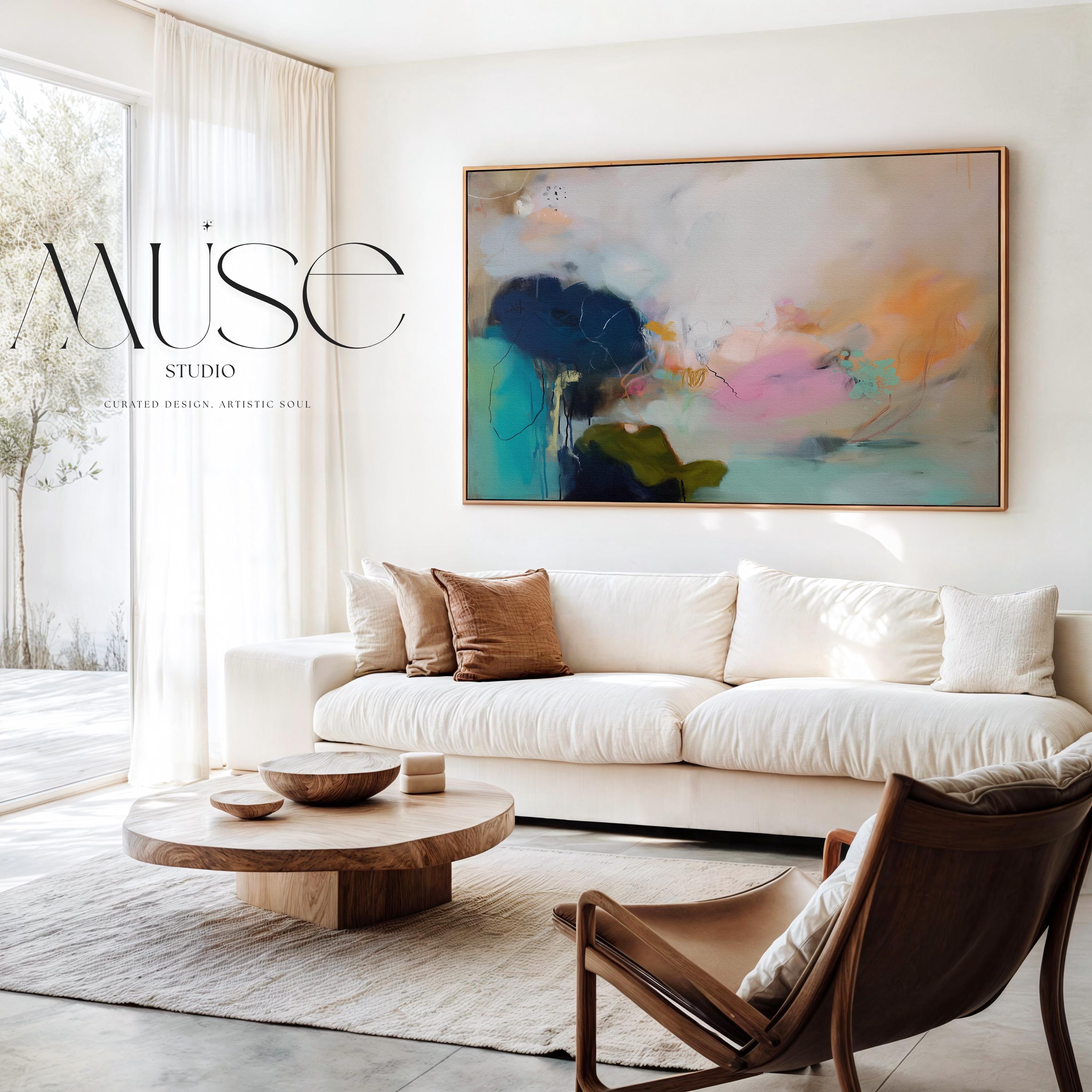Muse Studio Blush Tide 448 large horizontal abstract wall art featuring blush pink, teal aqua, navy blue, and coral tones printed with museum-grade giclée inks on premium gallery-wrapped cotton canvas, available framed or unframed for living rooms, bedrooms, and coastal interiors.