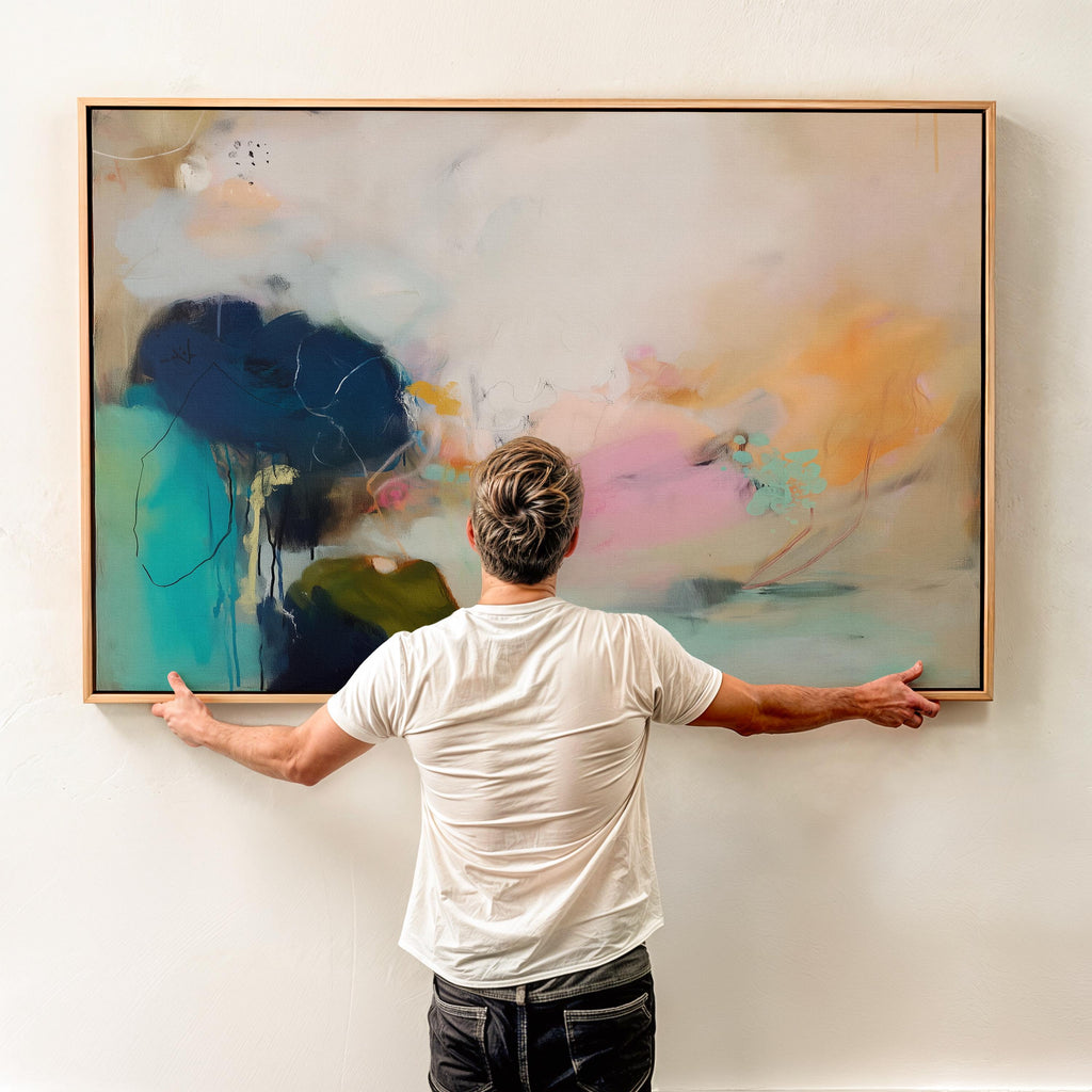 Muse Studio Blush Tide 448 large horizontal abstract wall art featuring blush pink, teal aqua, navy blue, and coral tones printed with museum-grade giclée inks on premium gallery-wrapped cotton canvas, available framed or unframed for living rooms, bedrooms, and coastal interiors.