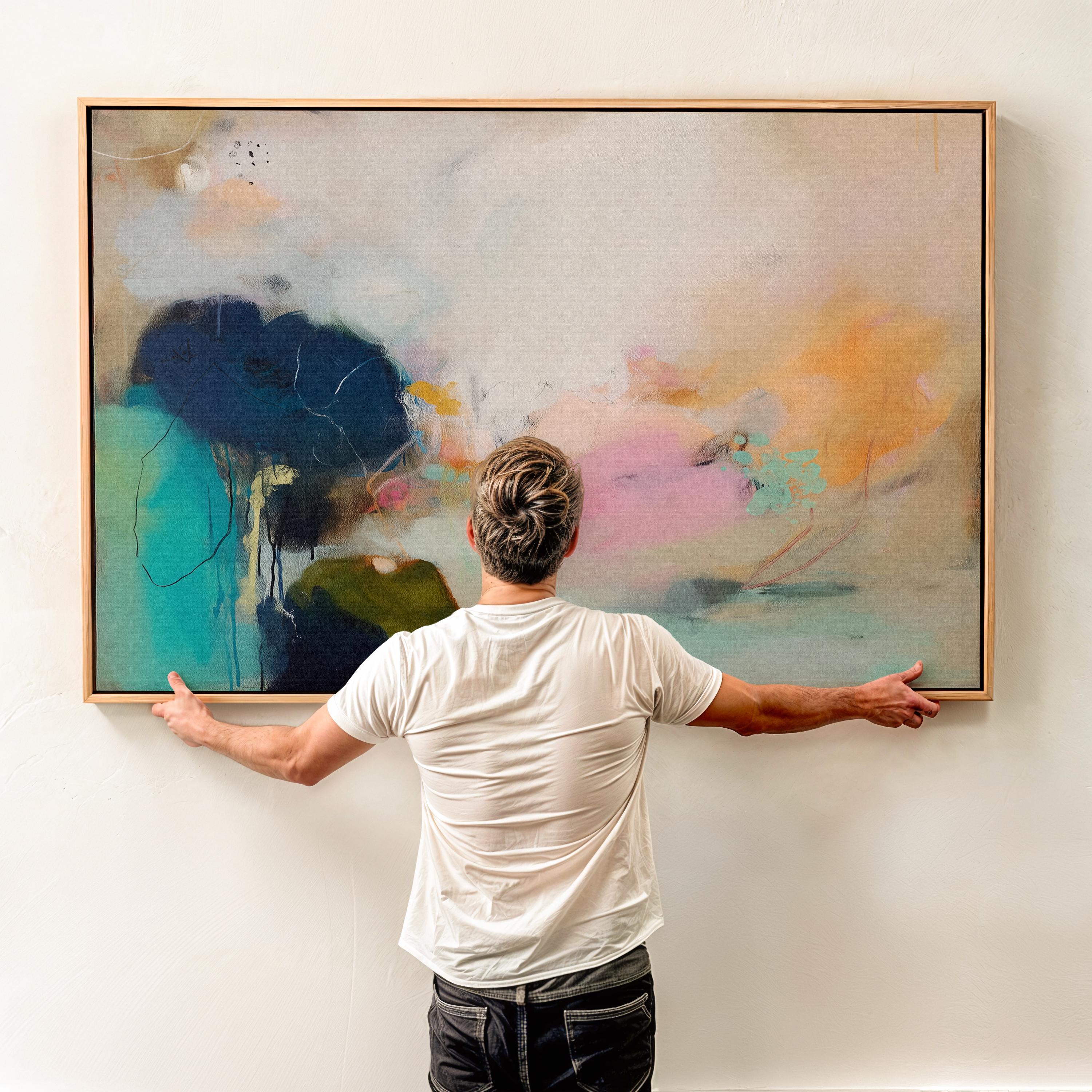 Muse Studio Blush Tide 448 large horizontal abstract wall art featuring blush pink, teal aqua, navy blue, and coral tones printed with museum-grade giclée inks on premium gallery-wrapped cotton canvas, available framed or unframed for living rooms, bedrooms, and coastal interiors.