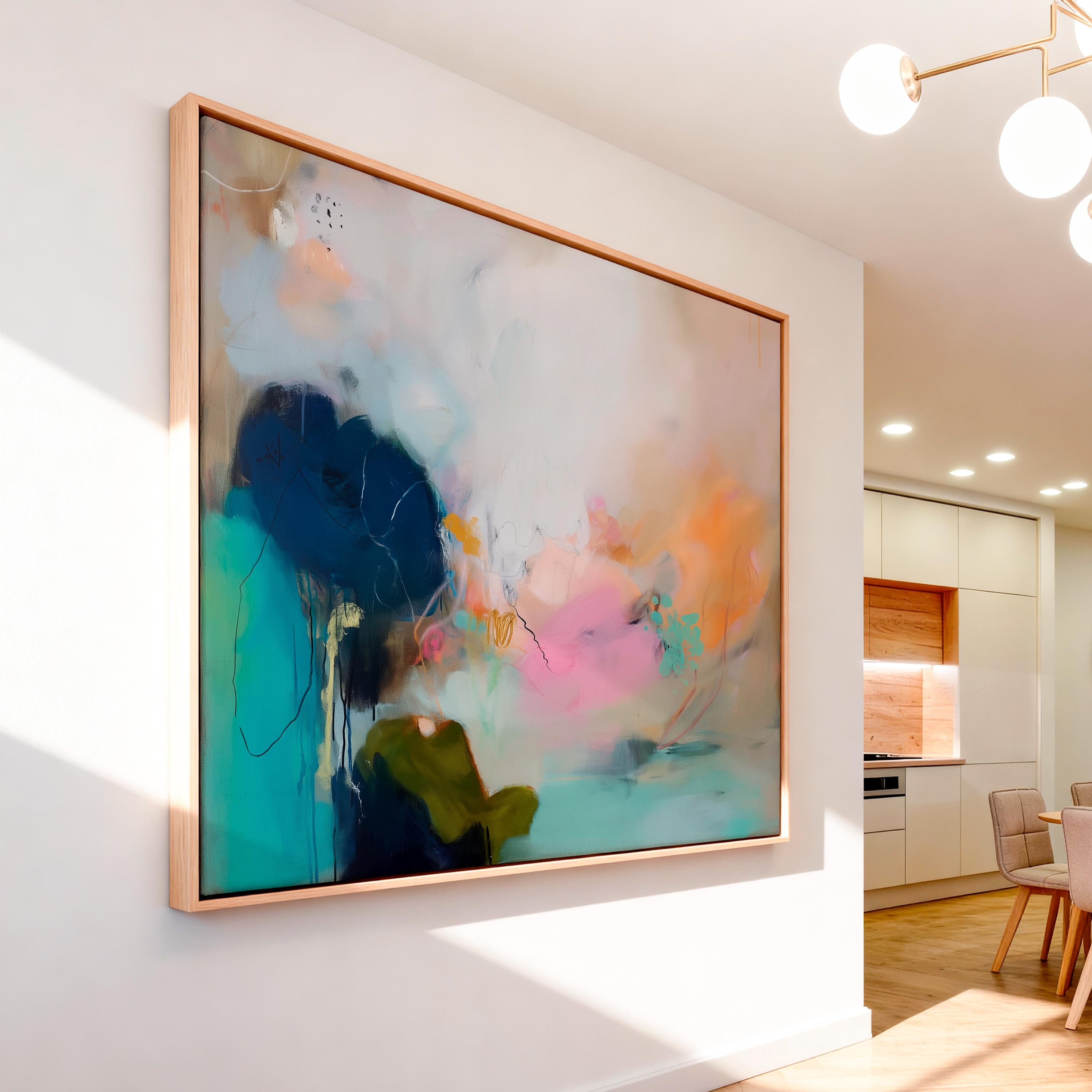 Muse Studio Blush Tide 448 large horizontal abstract wall art featuring blush pink, teal aqua, navy blue, and coral tones printed with museum-grade giclée inks on premium gallery-wrapped cotton canvas, available framed or unframed for living rooms, bedrooms, and coastal interiors.