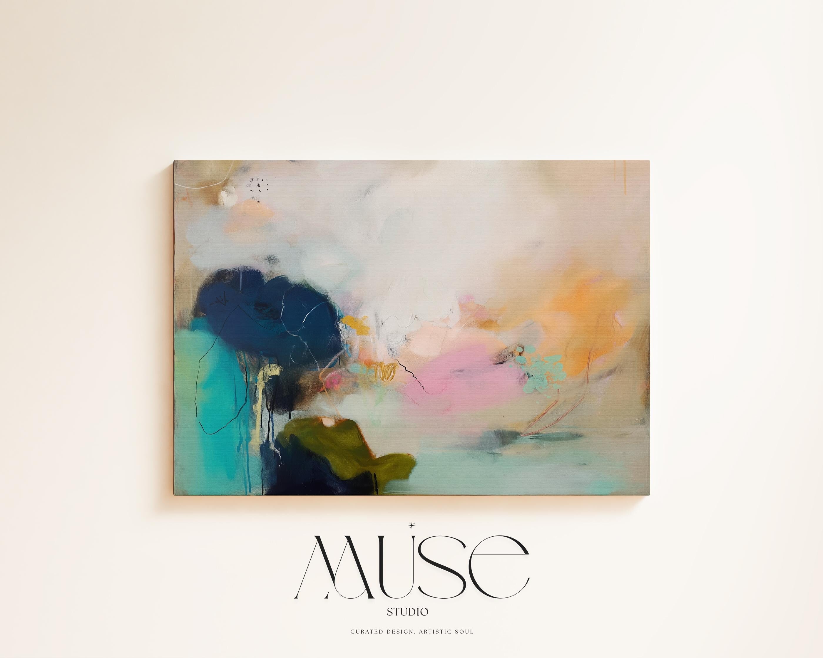 Muse Studio Blush Tide 448 large horizontal abstract wall art featuring blush pink, teal aqua, navy blue, and coral tones printed with museum-grade giclée inks on premium gallery-wrapped cotton canvas, available framed or unframed for living rooms, bedrooms, and coastal interiors.