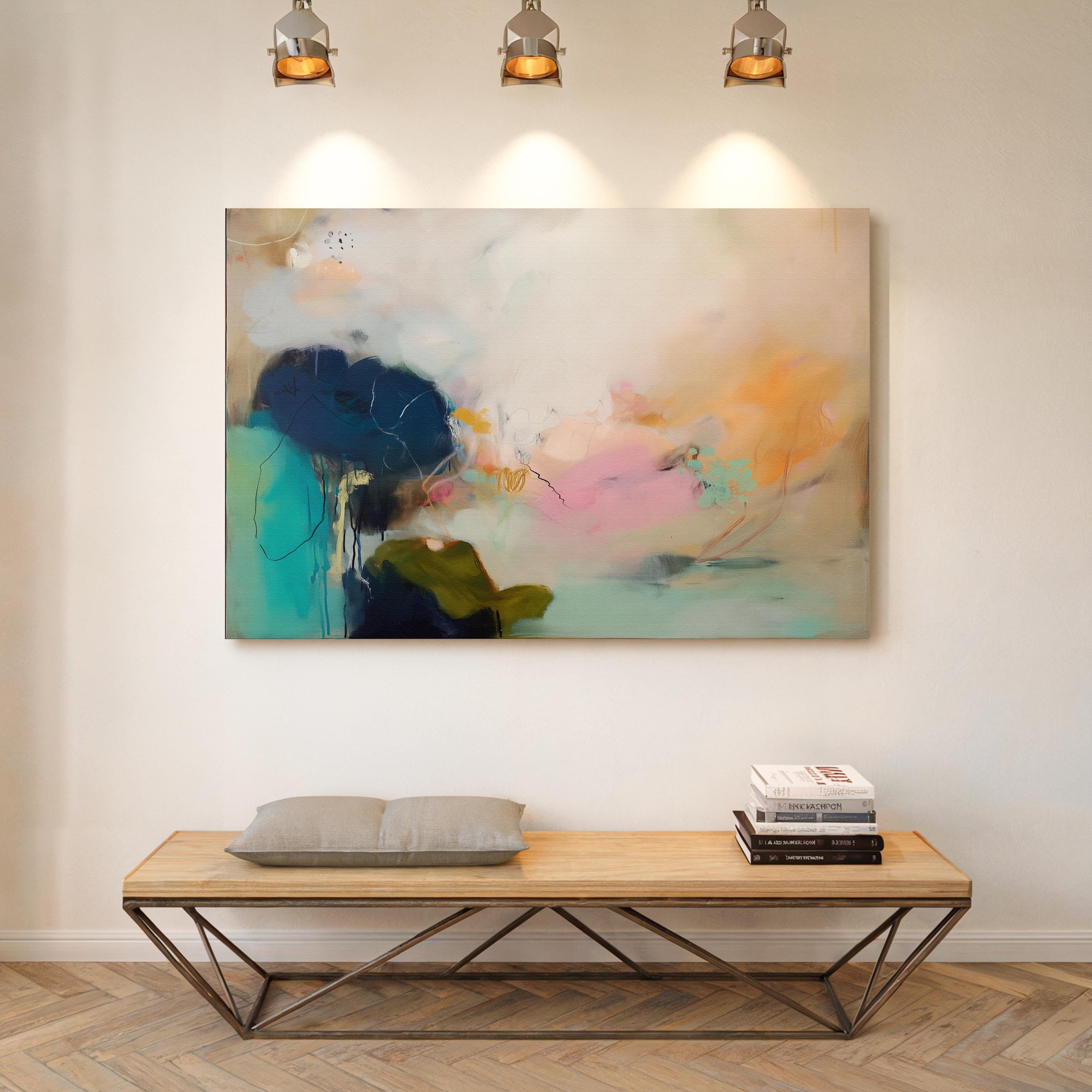 Muse Studio Blush Tide 448 large horizontal abstract wall art featuring blush pink, teal aqua, navy blue, and coral tones printed with museum-grade giclée inks on premium gallery-wrapped cotton canvas, available framed or unframed for living rooms, bedrooms, and coastal interiors.