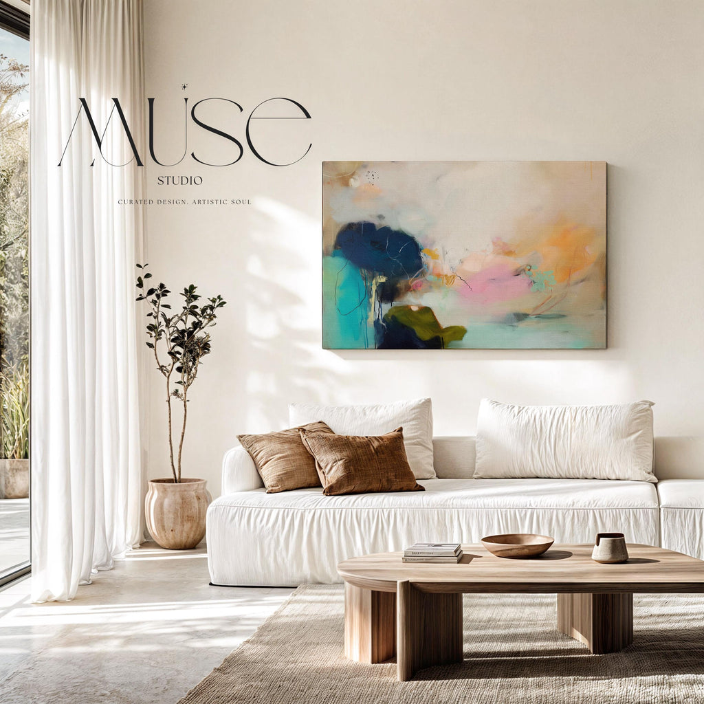 Muse Studio Blush Tide 448 large horizontal abstract wall art featuring blush pink, teal aqua, navy blue, and coral tones printed with museum-grade giclée inks on premium gallery-wrapped cotton canvas, available framed or unframed for living rooms, bedrooms, and coastal interiors.