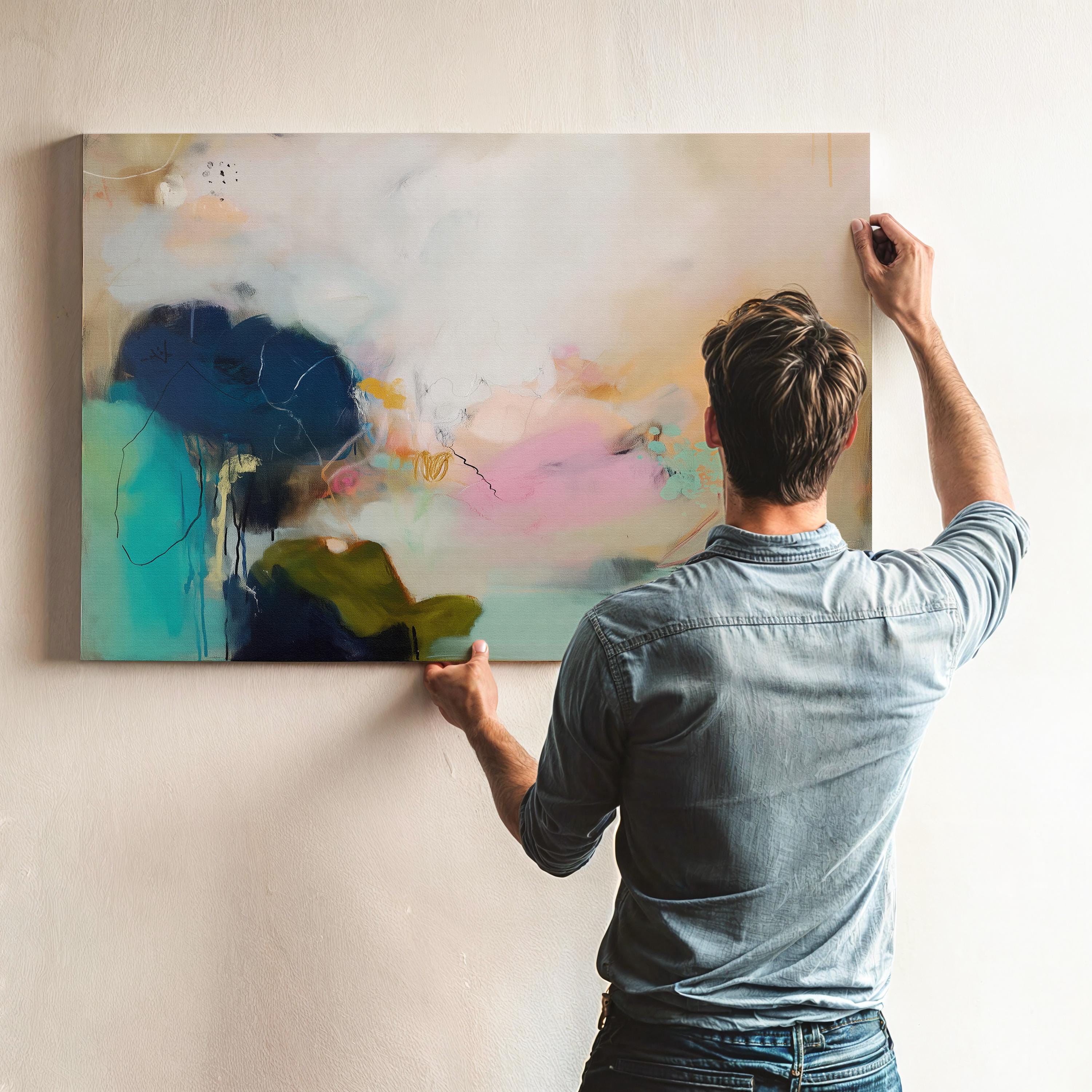 Muse Studio Blush Tide 448 large horizontal abstract wall art featuring blush pink, teal aqua, navy blue, and coral tones printed with museum-grade giclée inks on premium gallery-wrapped cotton canvas, available framed or unframed for living rooms, bedrooms, and coastal interiors.