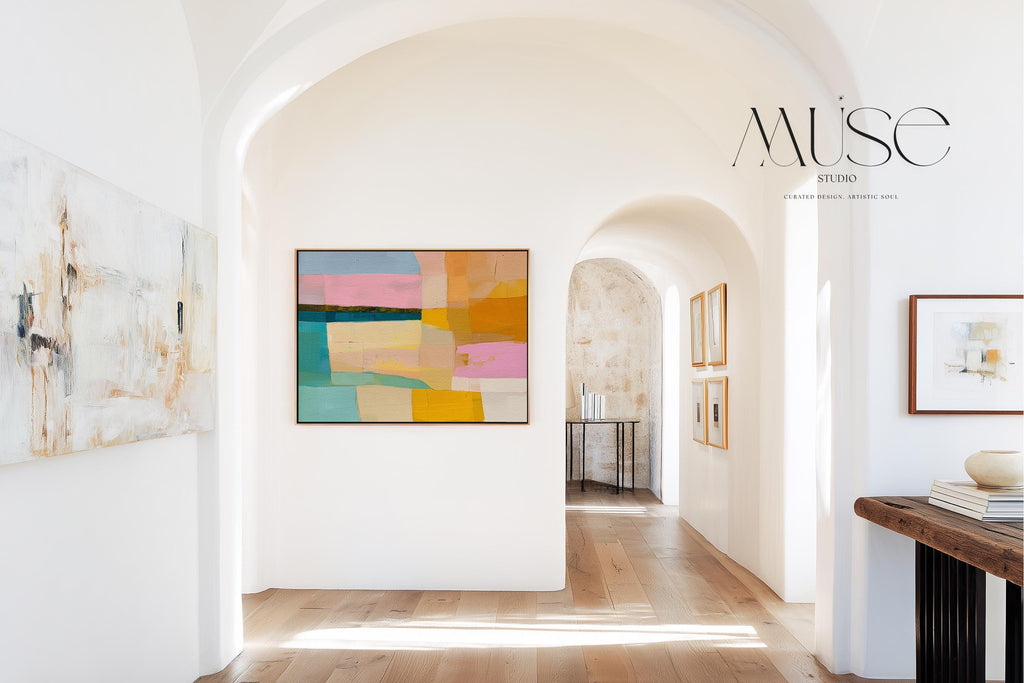 Muse Studio Sunny Meadows 201 large horizontal framed abstract wall art in aqua, blush pink, sky blue, butter yellow, peach, and ochre with midcentury retro colorful style, printed with museum-grade giclée inks on premium gallery-wrapped artist canvas in a custom wood float frame for living room, dining room, or office decor.