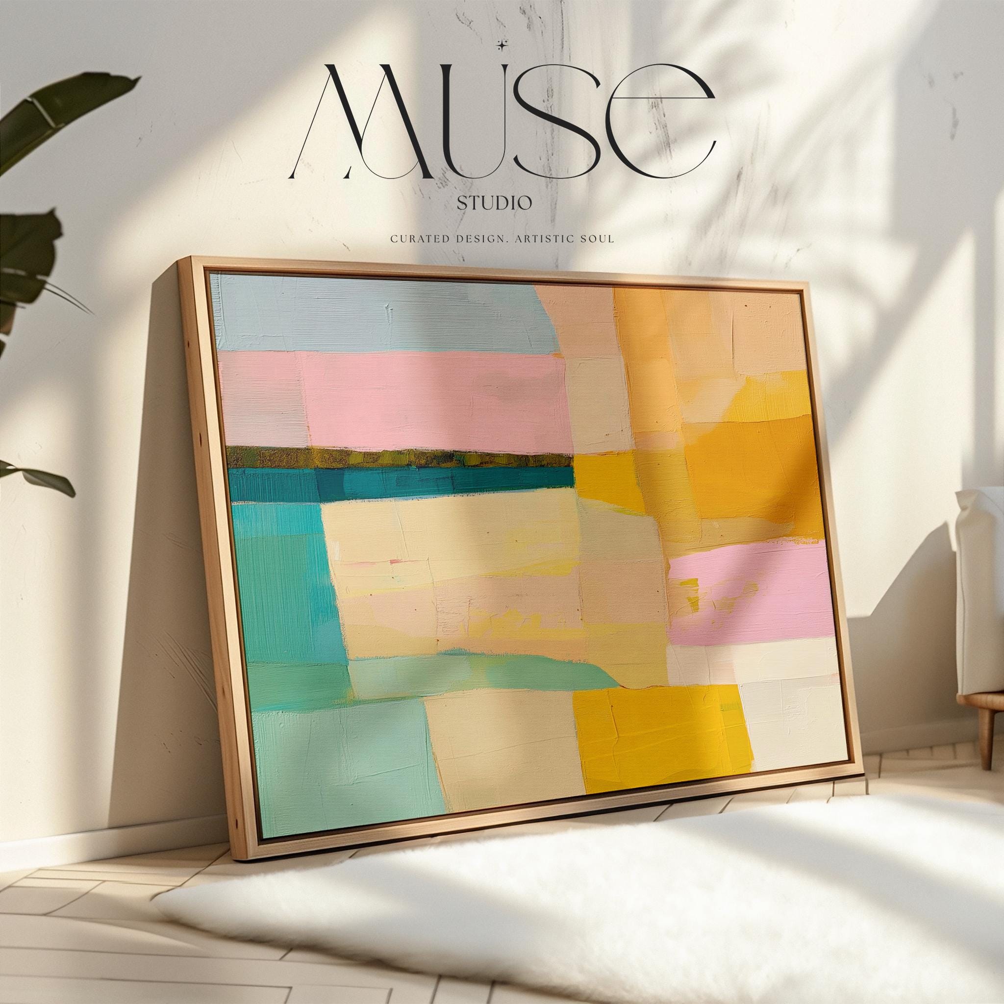 Muse Studio Sunny Meadows 201 large horizontal framed abstract wall art in aqua, blush pink, sky blue, butter yellow, peach, and ochre with midcentury retro colorful style, printed with museum-grade giclée inks on premium gallery-wrapped artist canvas in a custom wood float frame for living room, dining room, or office decor.