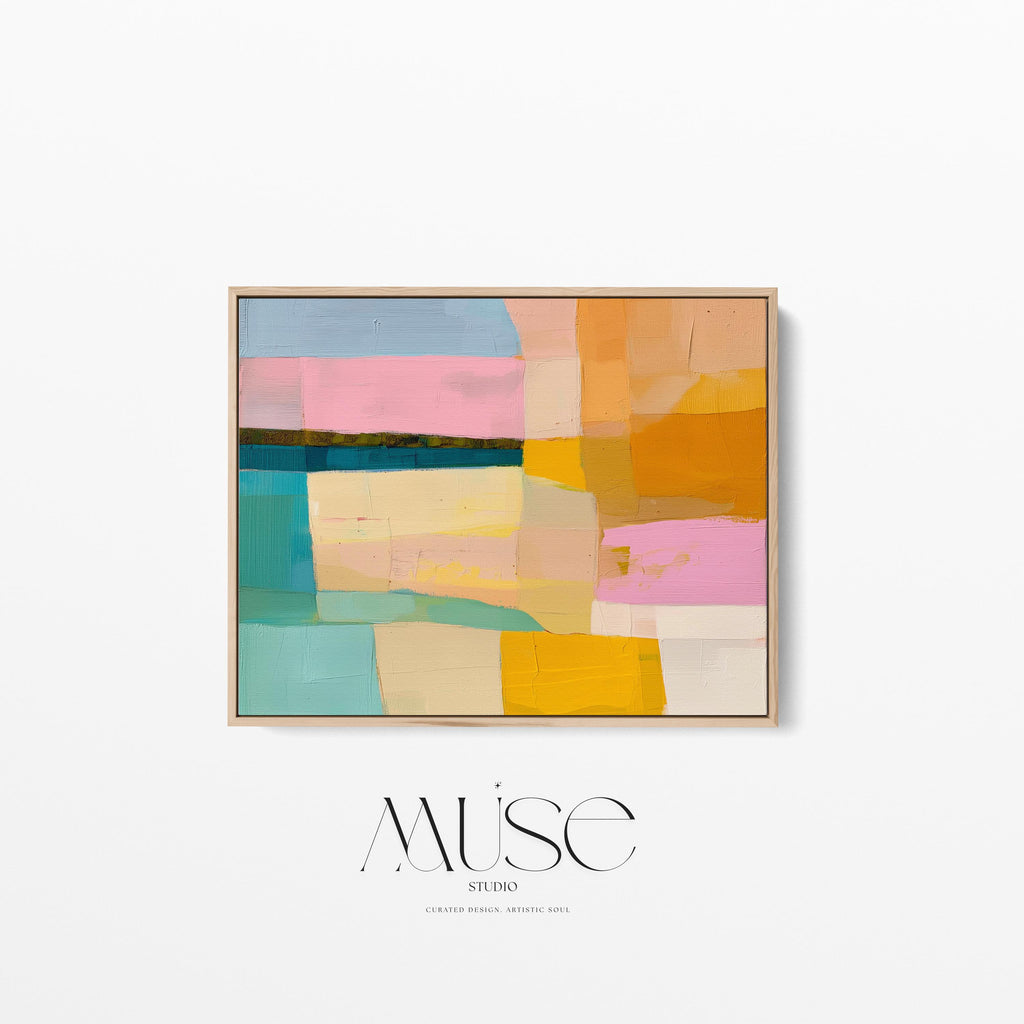 Muse Studio Sunny Meadows 201 large horizontal framed abstract wall art in aqua, blush pink, sky blue, butter yellow, peach, and ochre with midcentury retro colorful style, printed with museum-grade giclée inks on premium gallery-wrapped artist canvas in a custom wood float frame for living room, dining room, or office decor.