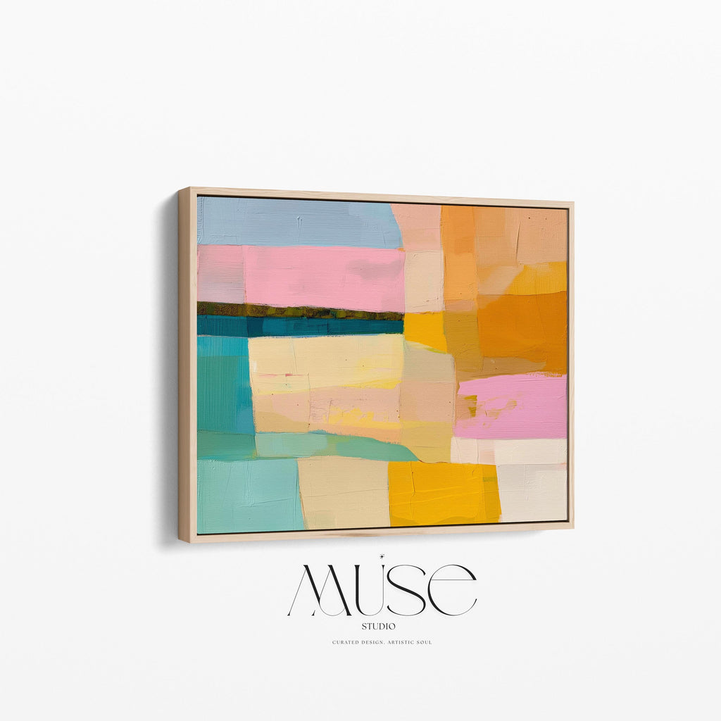 Muse Studio Sunny Meadows 201 large horizontal framed abstract wall art in aqua, blush pink, sky blue, butter yellow, peach, and ochre with midcentury retro colorful style, printed with museum-grade giclée inks on premium gallery-wrapped artist canvas in a custom wood float frame for living room, dining room, or office decor.