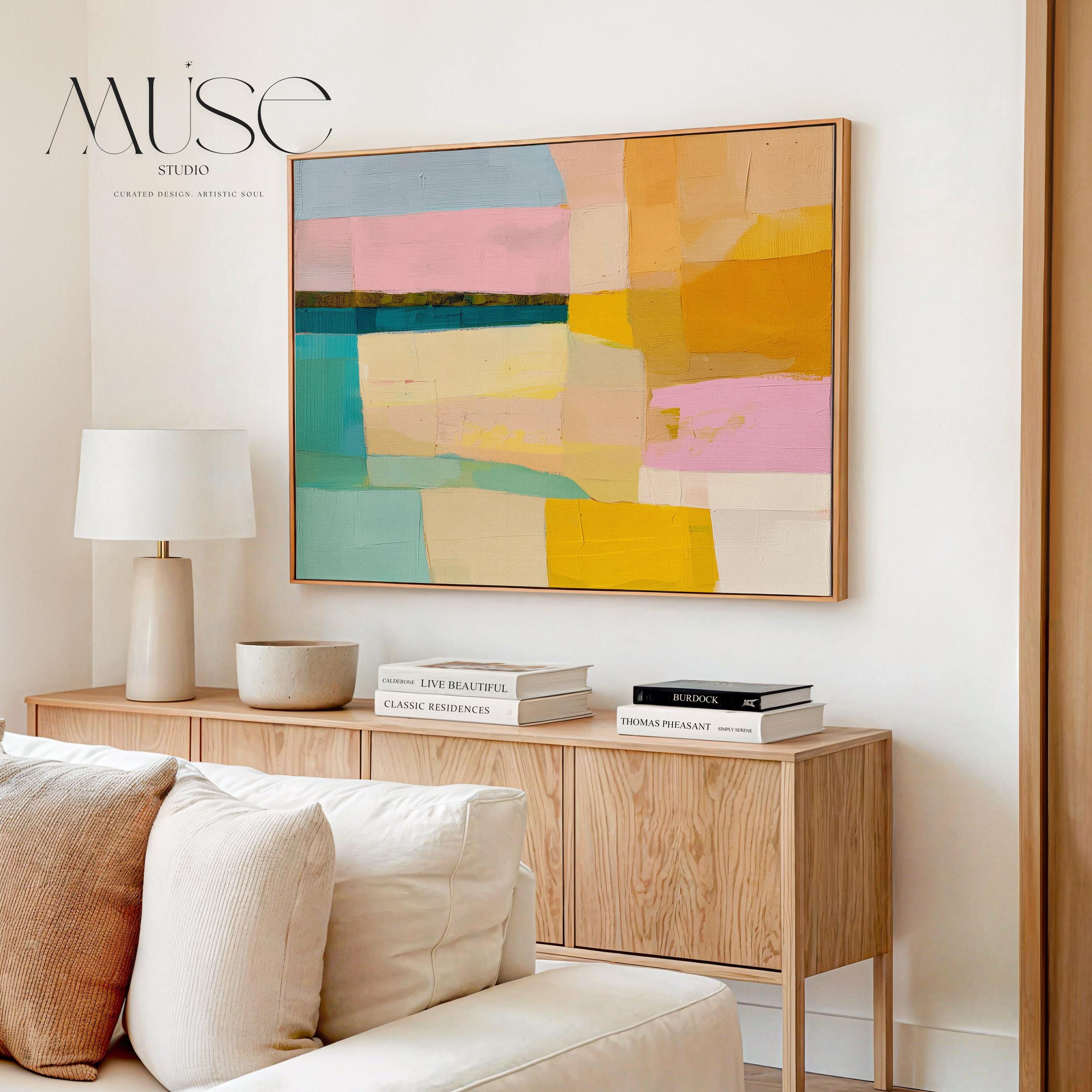 Muse Studio Sunny Meadows 201 large horizontal framed abstract wall art in aqua, blush pink, sky blue, butter yellow, peach, and ochre with midcentury retro colorful style, printed with museum-grade giclée inks on premium gallery-wrapped artist canvas in a custom wood float frame for living room, dining room, or office decor.
