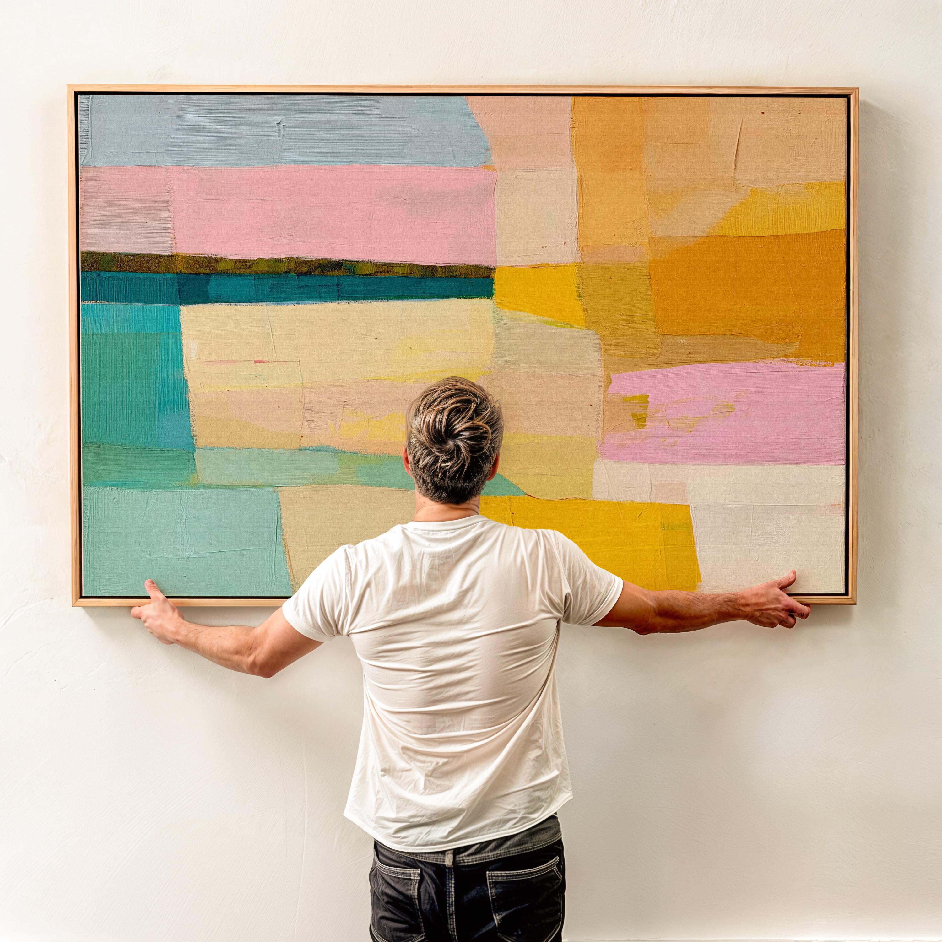Muse Studio Sunny Meadows 201 large horizontal framed abstract wall art in aqua, blush pink, sky blue, butter yellow, peach, and ochre with midcentury retro colorful style, printed with museum-grade giclée inks on premium gallery-wrapped artist canvas in a custom wood float frame for living room, dining room, or office decor.