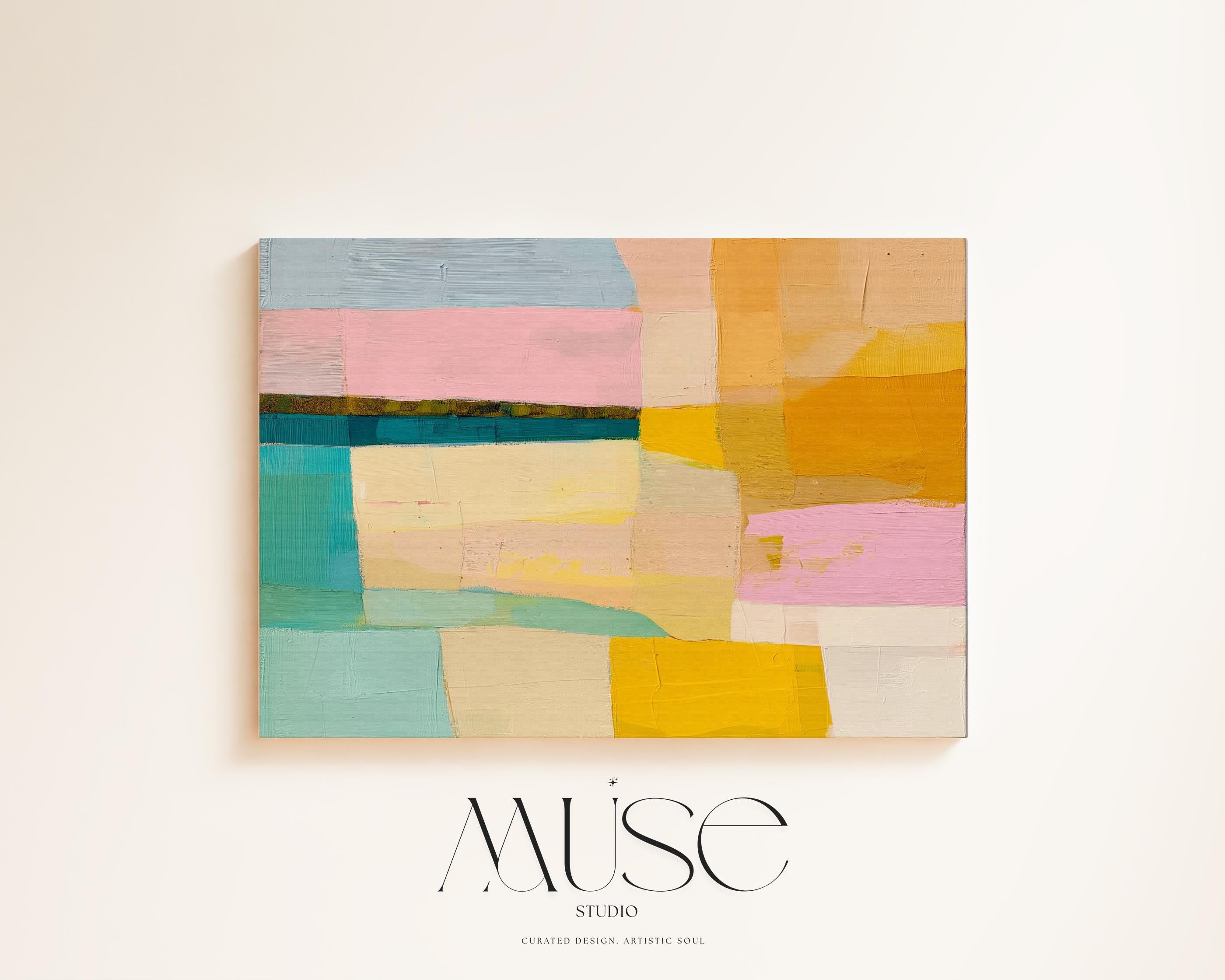 Muse Studio Sunny Meadows 201 large horizontal abstract canvas wall art in aqua, blush pink, sky blue, butter yellow, peach, and golden ochre with painterly geometric texture and midcentury retro colorful styling, printed with museum-grade giclée inks on premium gallery-wrapped artist canvas for living room, bedroom, office, or dining room decor.