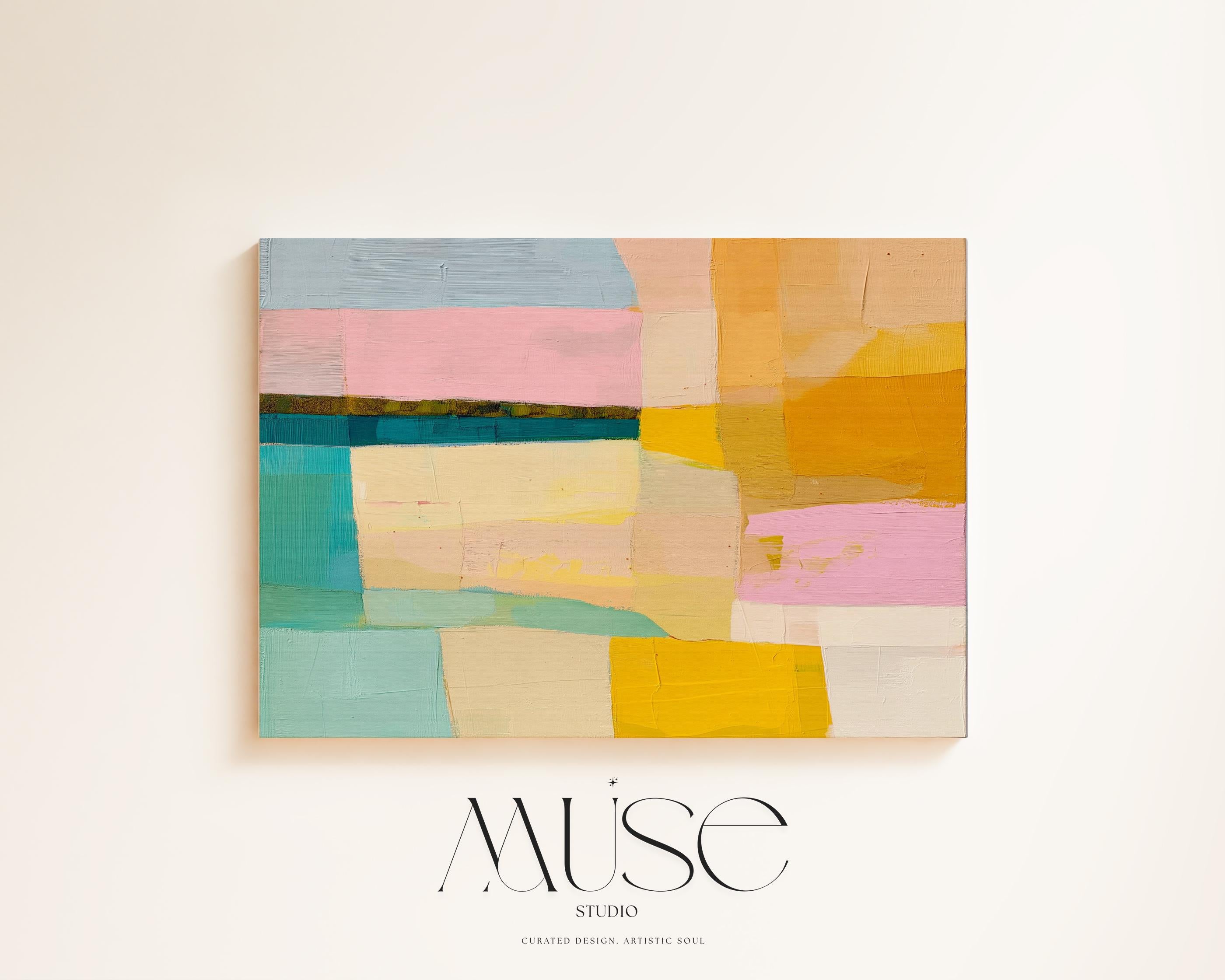 Muse Studio Sunny Meadows 201 large horizontal abstract canvas wall art in aqua, blush pink, sky blue, butter yellow, peach, and golden ochre with painterly geometric texture and midcentury retro colorful styling, printed with museum-grade giclée inks on premium gallery-wrapped artist canvas for living room, bedroom, office, or dining room decor.