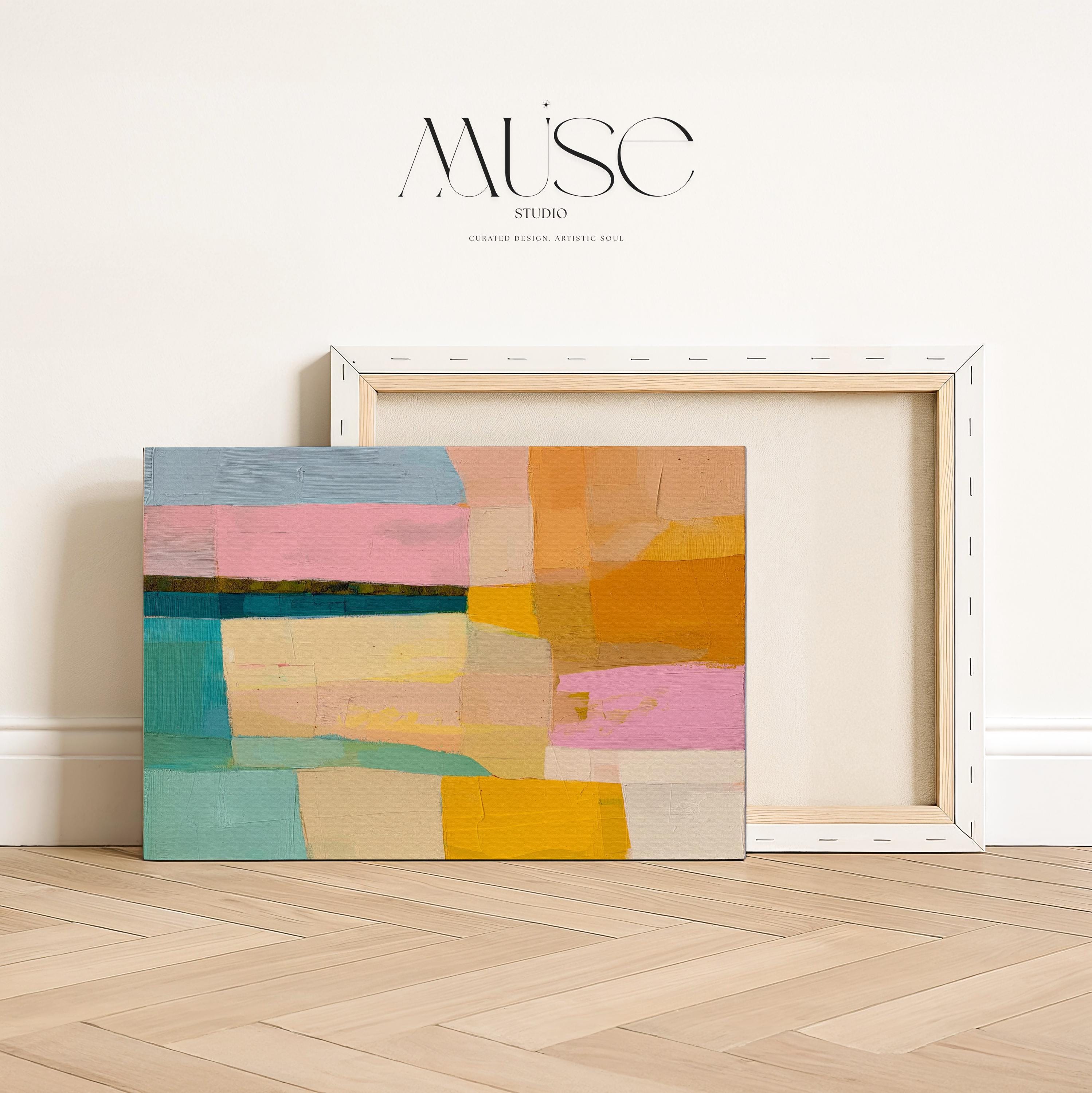 Muse Studio Sunny Meadows 201 large horizontal abstract canvas wall art in aqua, blush pink, sky blue, butter yellow, peach, and golden ochre with painterly geometric texture and midcentury retro colorful styling, printed with museum-grade giclée inks on premium gallery-wrapped artist canvas for living room, bedroom, office, or dining room decor.