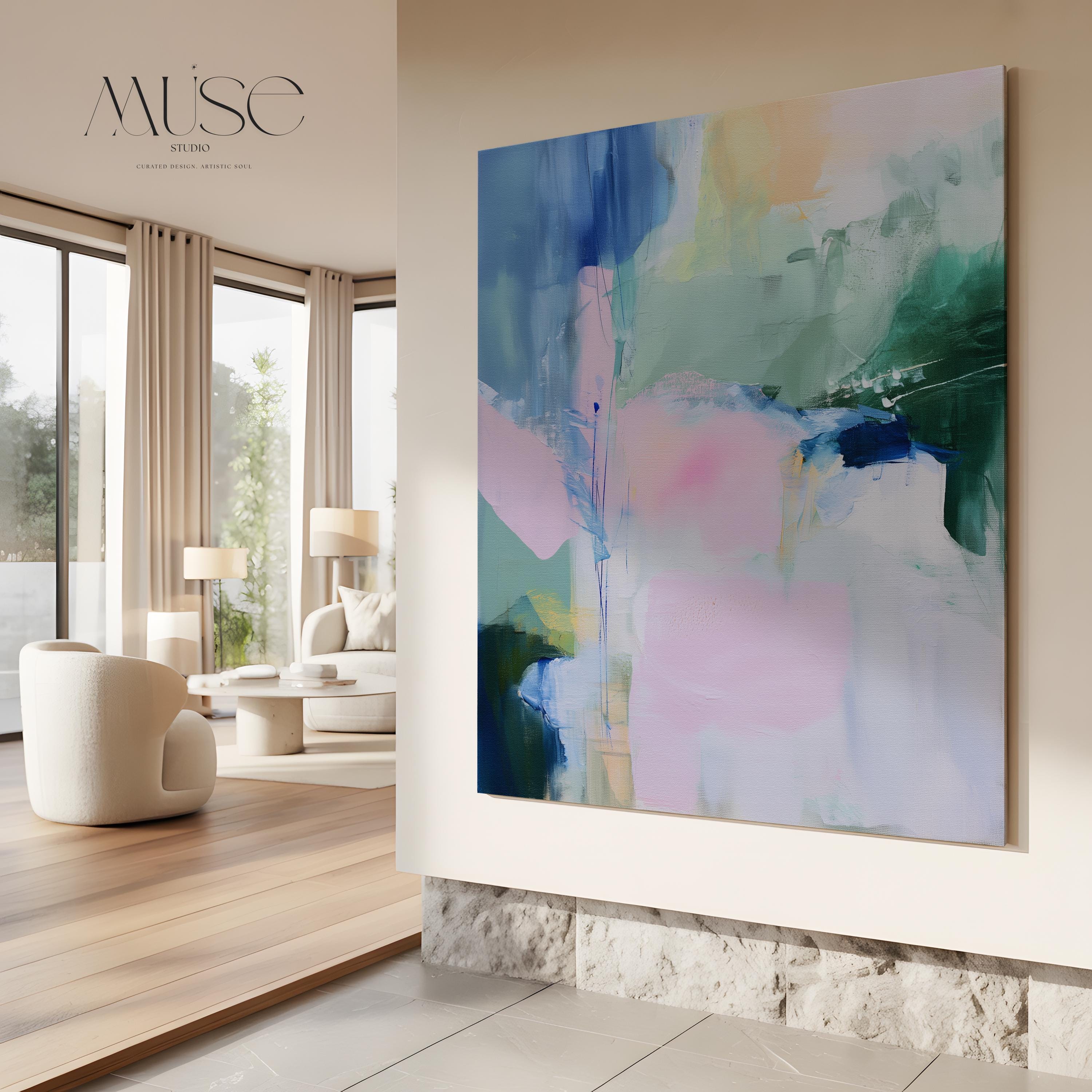 Muse Studio Aurora Bloom 421 large square pastel abstract canvas wall art in blush pink, sage green, soft blue, and ivory with painterly modern contemporary styling printed with museum-grade giclée inks on premium gallery-wrapped artist canvas for living room, bedroom, or office decor.