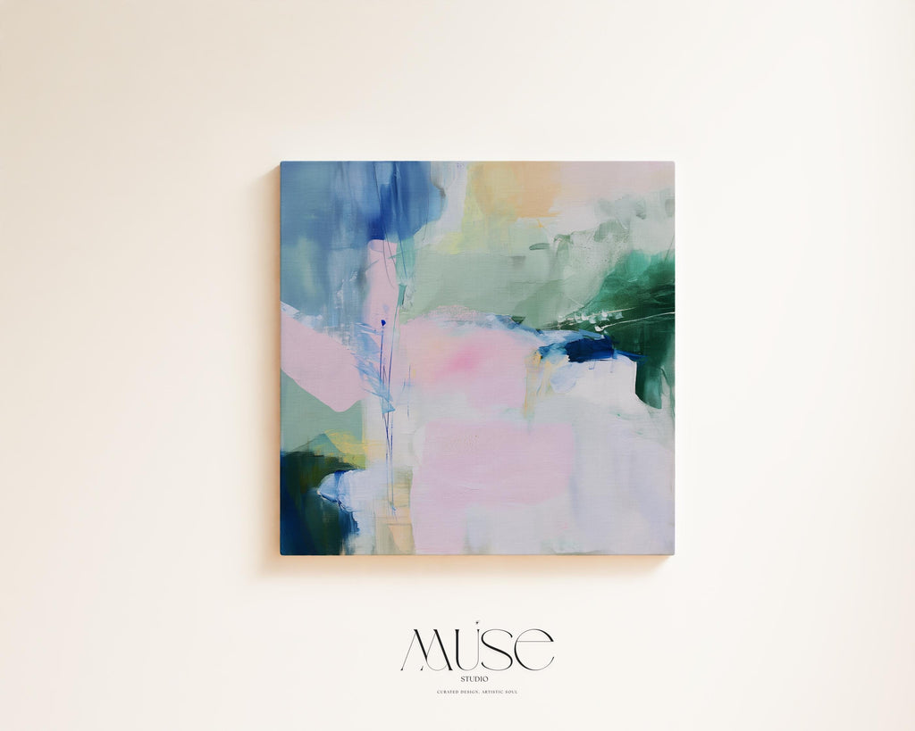Muse Studio Aurora Bloom 421 large square pastel abstract canvas wall art in blush pink, sage green, soft blue, and ivory with painterly modern contemporary styling printed with museum-grade giclée inks on premium gallery-wrapped artist canvas for living room, bedroom, or office decor.