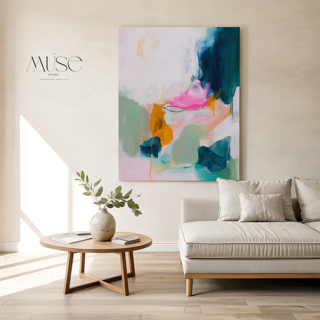 Pastel cloudscape wall art by Muse Studio, pink and blue abstract sky painting printed with museum-grade giclée inks on premium gallery-wrapped artist canvas, soft contemporary pastel artwork for serene bedrooms, living rooms, spa bathrooms, and calming modern interiors.