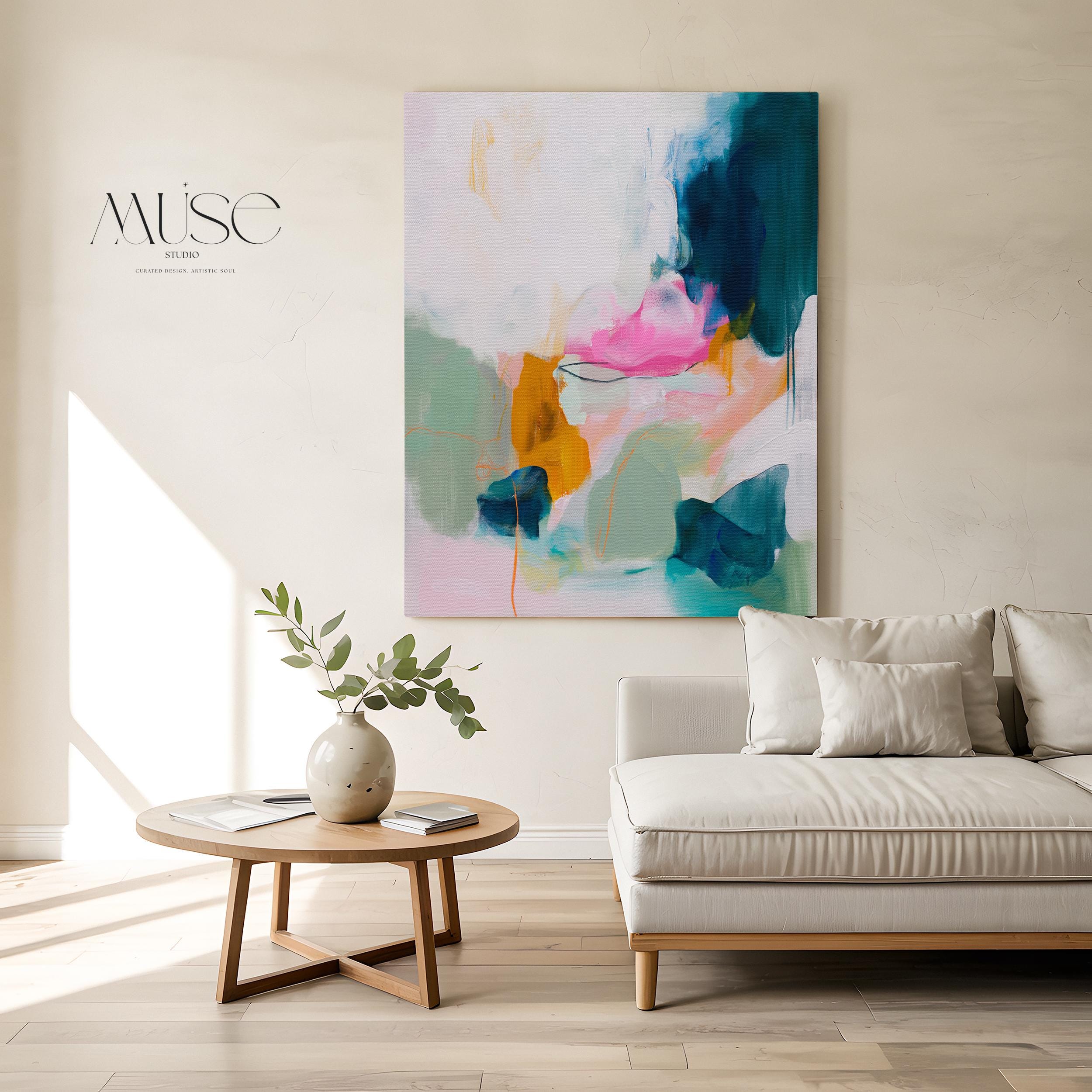 Pastel cloudscape wall art by Muse Studio, pink and blue abstract sky painting printed with museum-grade giclée inks on premium gallery-wrapped artist canvas, soft contemporary pastel artwork for serene bedrooms, living rooms, spa bathrooms, and calming modern interiors.