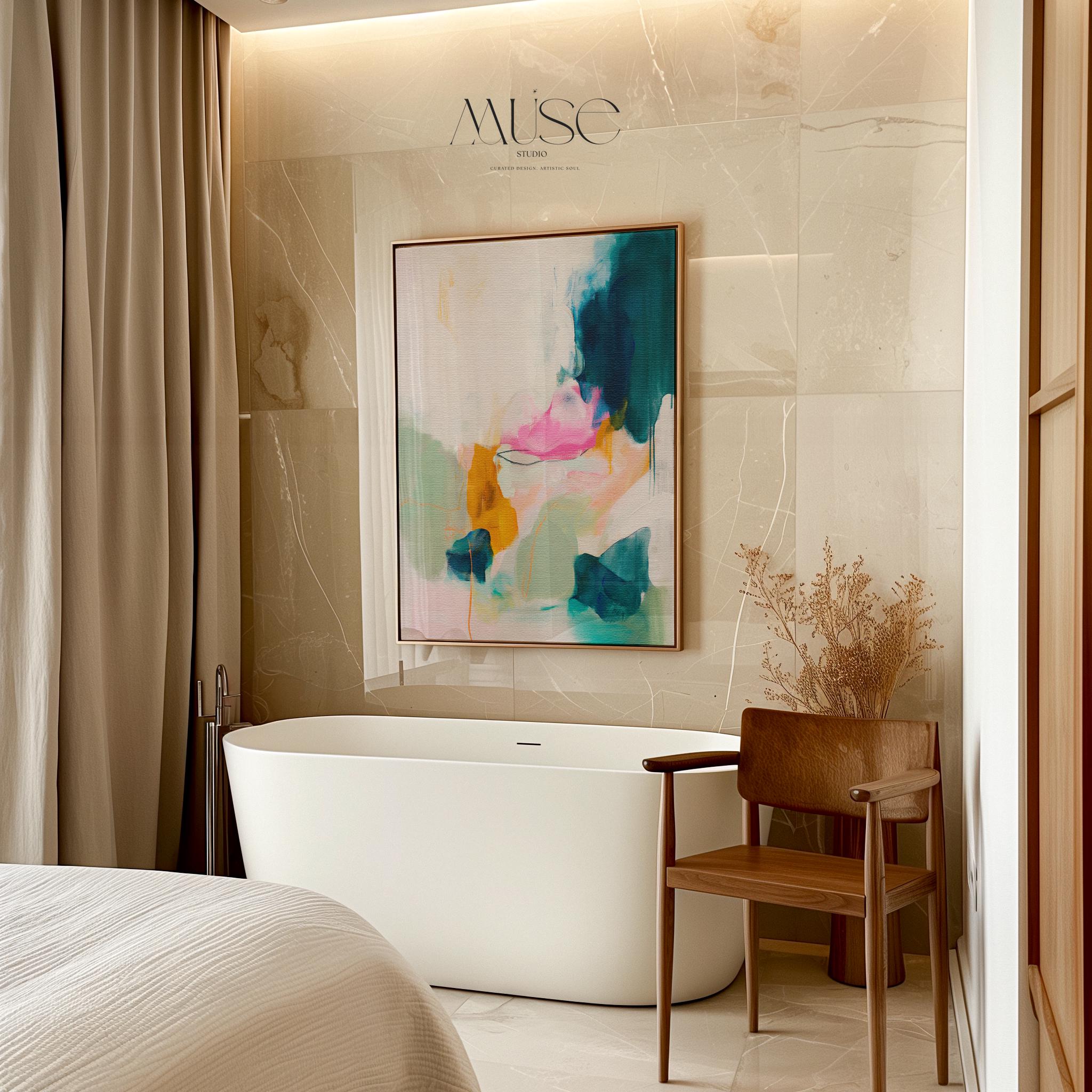 Pastel cloudscape wall art by Muse Studio, pink and blue abstract sky painting printed with museum-grade giclée inks on premium gallery-wrapped artist canvas, soft contemporary pastel artwork for serene bedrooms, living rooms, spa bathrooms, and calming modern interiors.