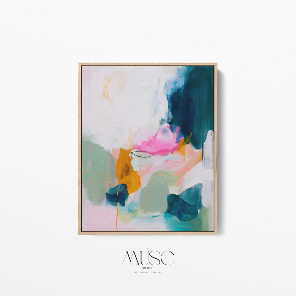 Pastel cloudscape wall art by Muse Studio, pink and blue abstract sky painting printed with museum-grade giclée inks on premium gallery-wrapped artist canvas, soft contemporary pastel artwork for serene bedrooms, living rooms, spa bathrooms, and calming modern interiors.