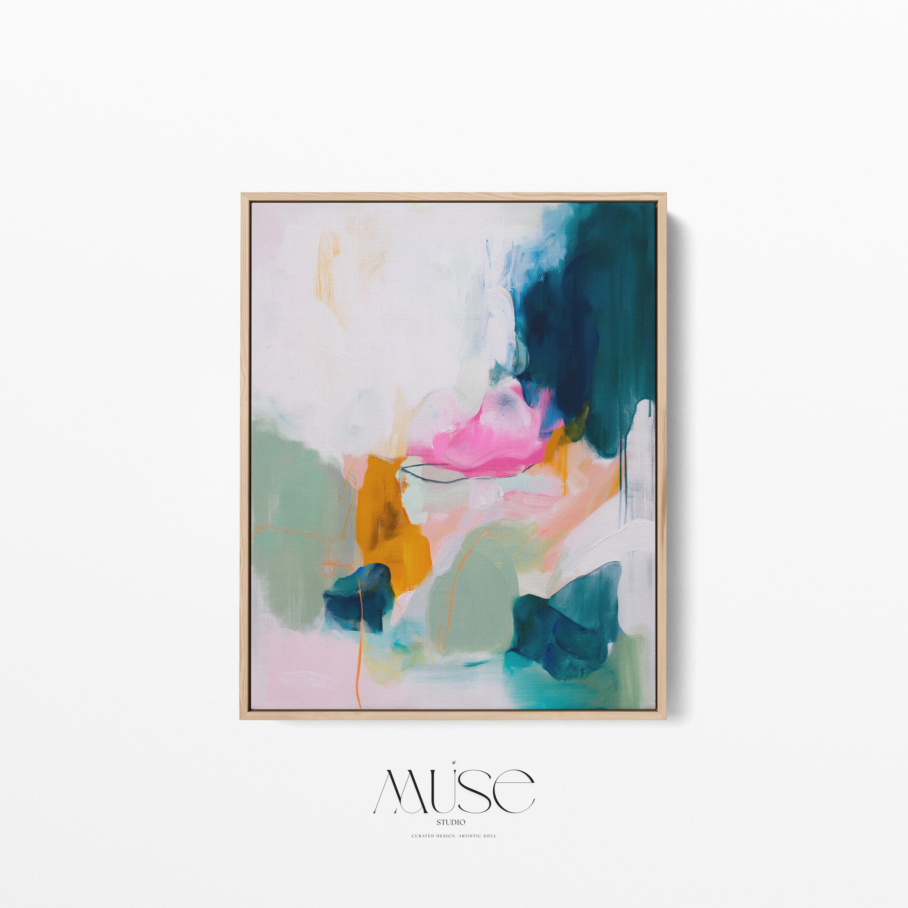 Pastel cloudscape wall art by Muse Studio, pink and blue abstract sky painting printed with museum-grade giclée inks on premium gallery-wrapped artist canvas, soft contemporary pastel artwork for serene bedrooms, living rooms, spa bathrooms, and calming modern interiors.