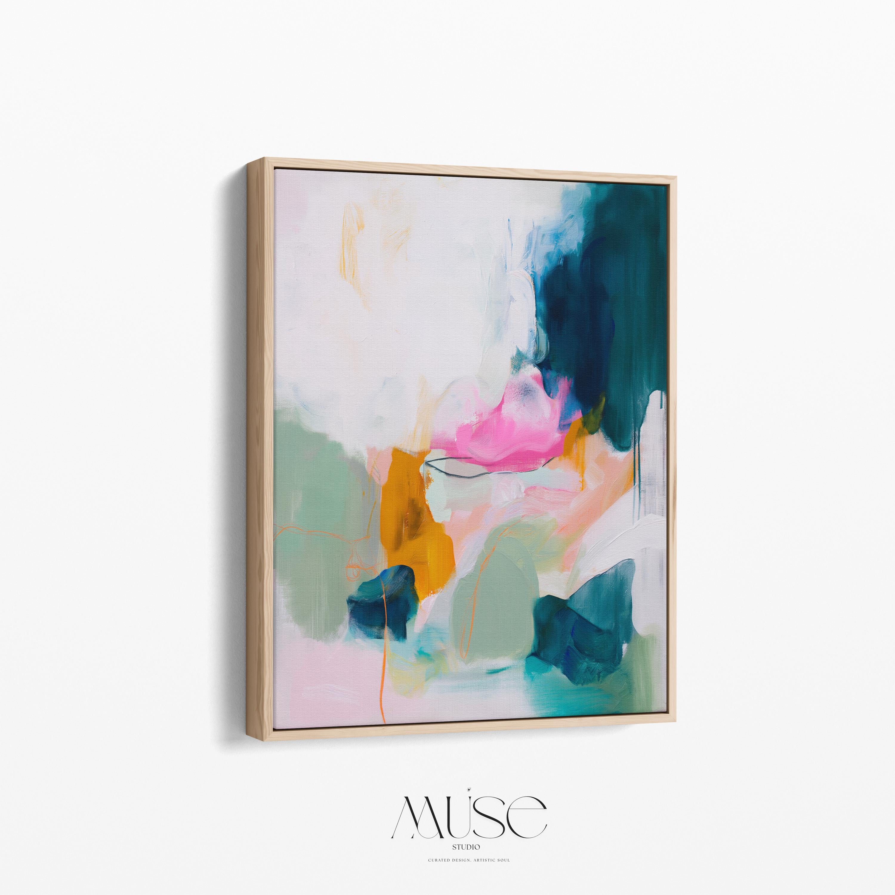 Pastel cloudscape wall art by Muse Studio, pink and blue abstract sky painting printed with museum-grade giclée inks on premium gallery-wrapped artist canvas, soft contemporary pastel artwork for serene bedrooms, living rooms, spa bathrooms, and calming modern interiors.