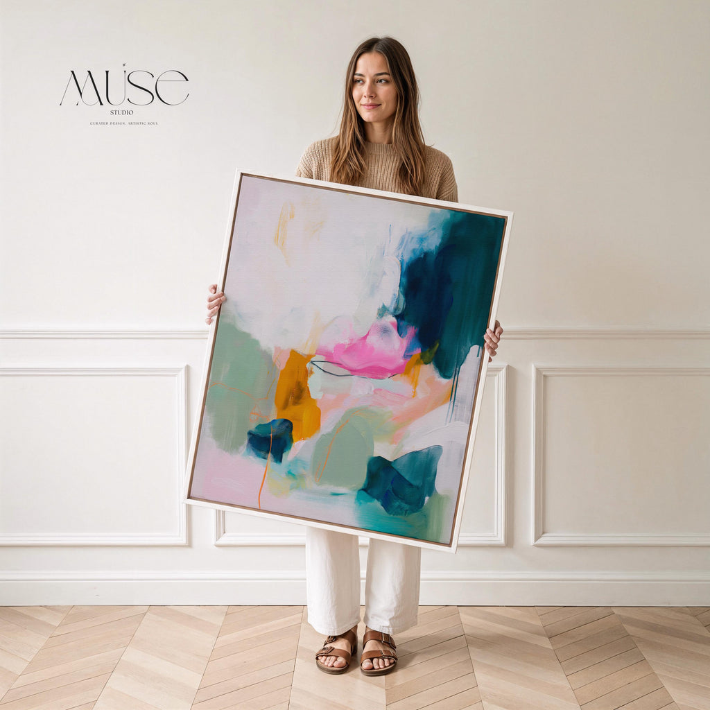 Pastel cloudscape wall art by Muse Studio, pink and blue abstract sky painting printed with museum-grade giclée inks on premium gallery-wrapped artist canvas, soft contemporary pastel artwork for serene bedrooms, living rooms, spa bathrooms, and calming modern interiors.