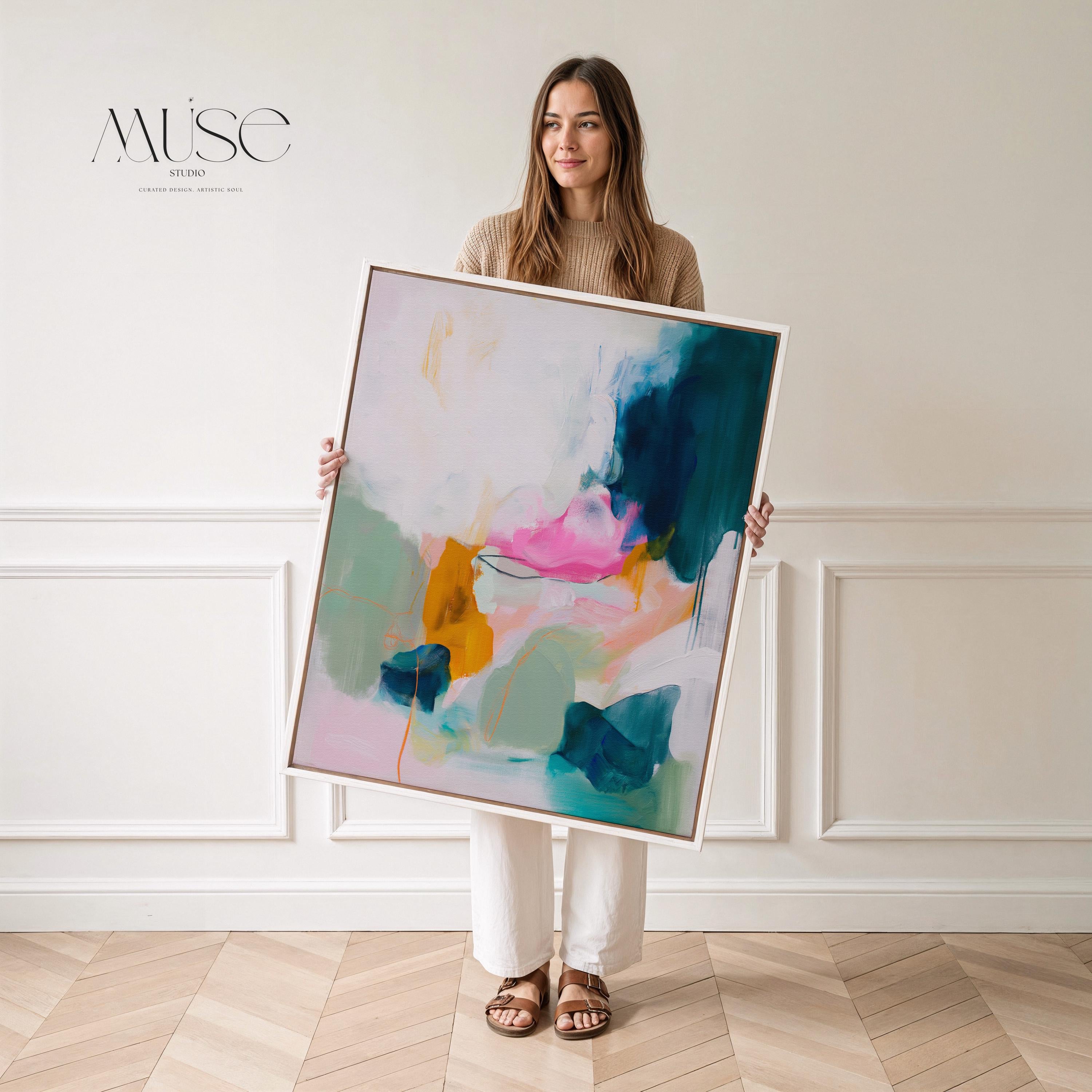 Pastel cloudscape wall art by Muse Studio, pink and blue abstract sky painting printed with museum-grade giclée inks on premium gallery-wrapped artist canvas, soft contemporary pastel artwork for serene bedrooms, living rooms, spa bathrooms, and calming modern interiors.
